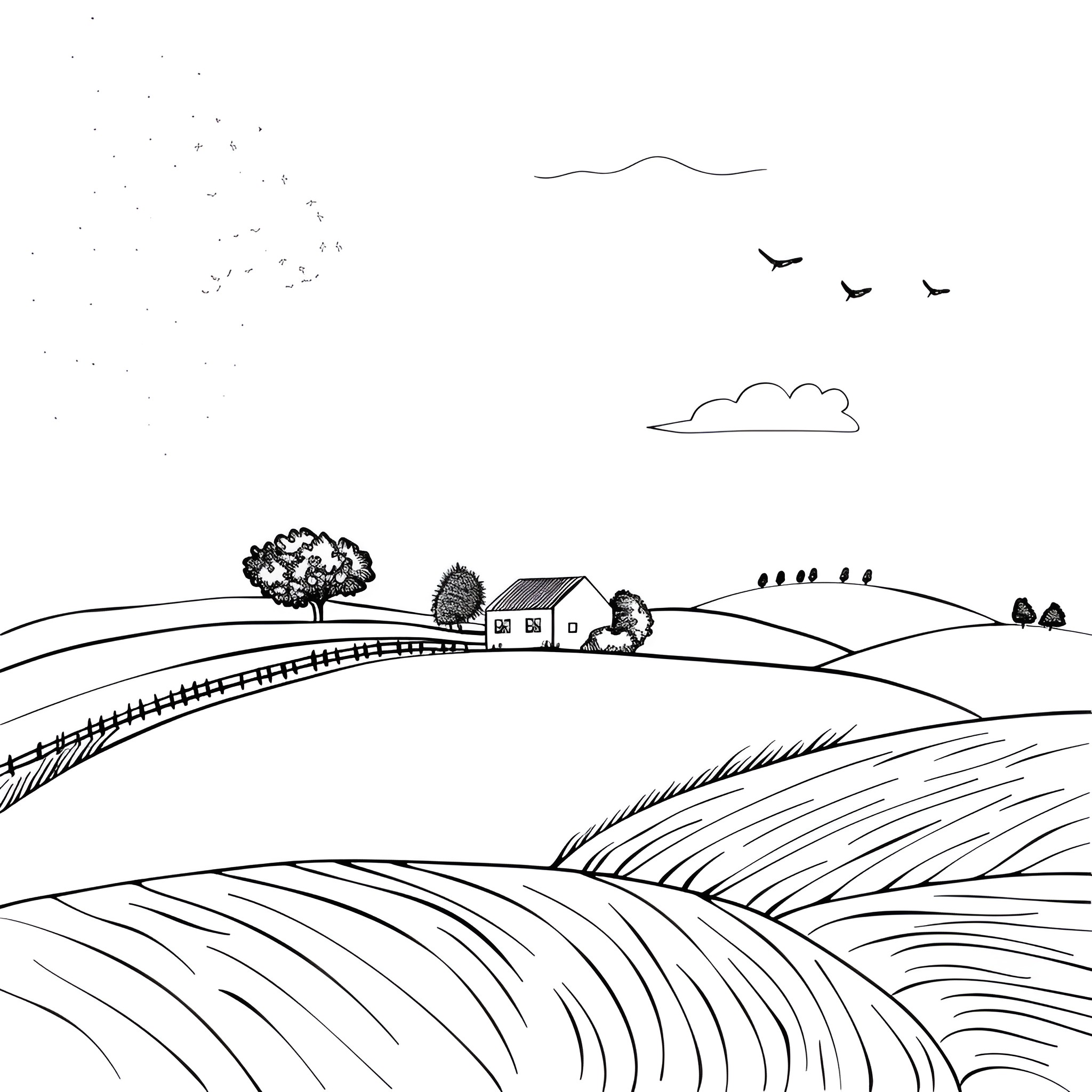 Landscape with rolling hills and rural buildings Drawing Idea (free black-and-white line drawing printable PDF for all, from beginners to advanced learners, including children, teens, adults, and seniors)