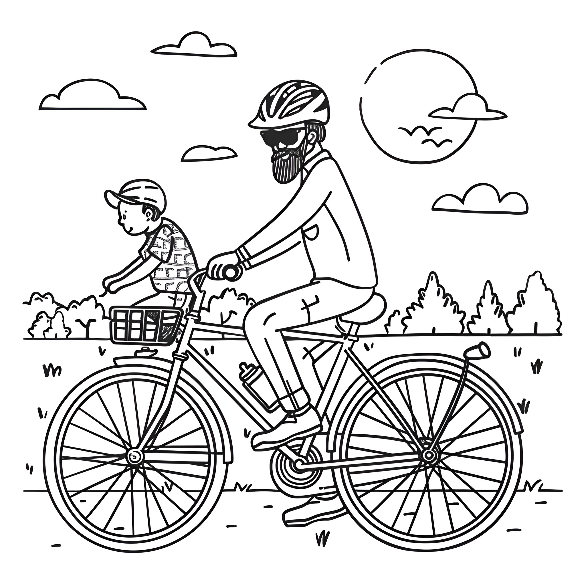 Father's Day bike ride through nature Drawing Idea (free black-and-white line drawing printable PDF for all, from beginners to advanced learners, including children, teens, adults, and seniors)