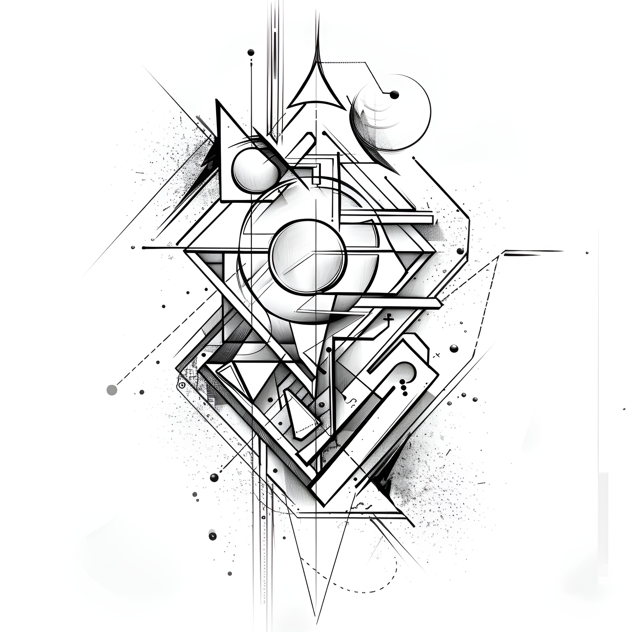 Tattoo Sketch of Geometric Abstract Shapes Drawing Idea (free black-and-white line drawing printable PDF for all, from beginners to advanced learners, including children, teens, adults, and seniors)