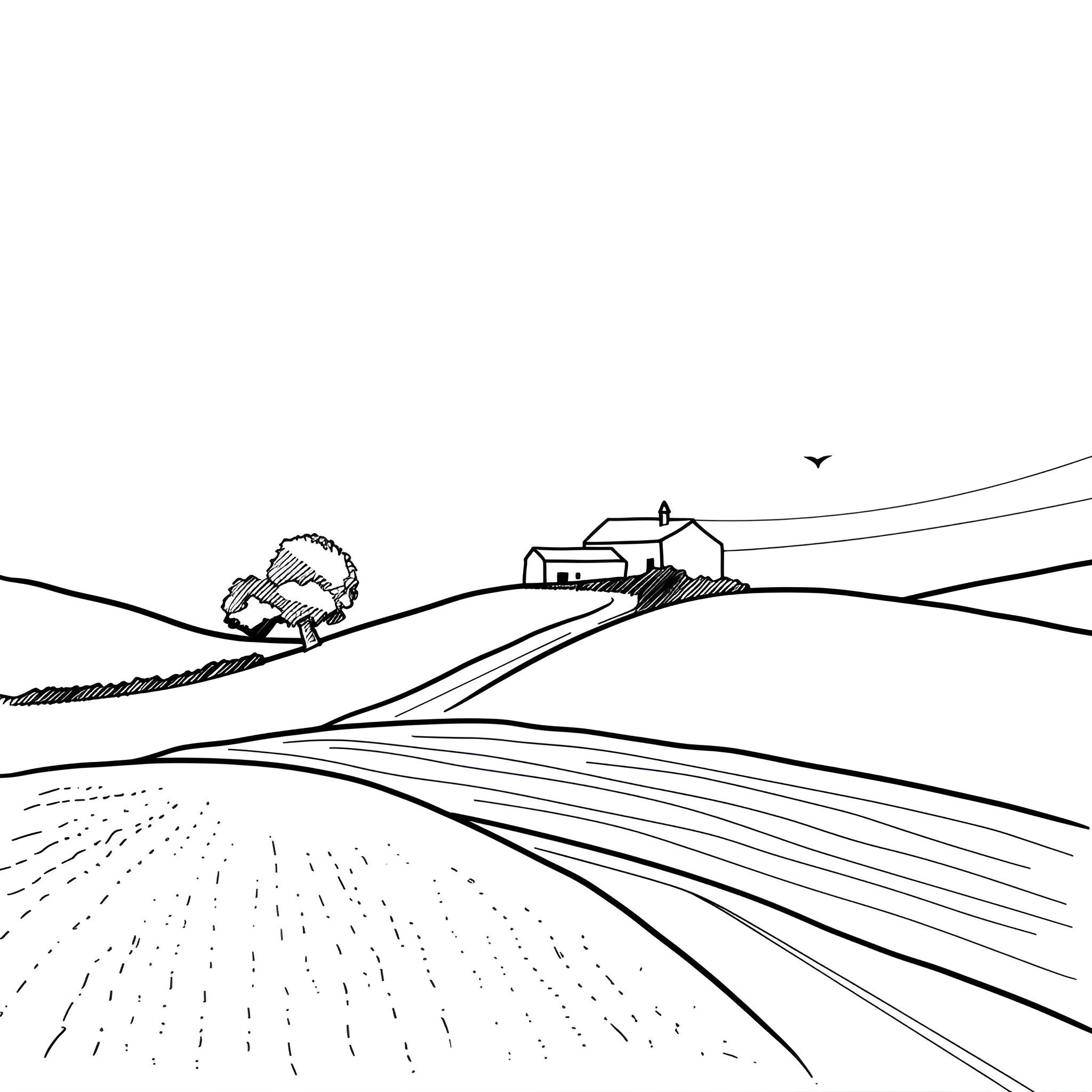Landscape with rolling hills and farmhouse Drawing Idea (free black-and-white line drawing printable PDF for all, from beginners to advanced learners, including children, teens, adults, and seniors)