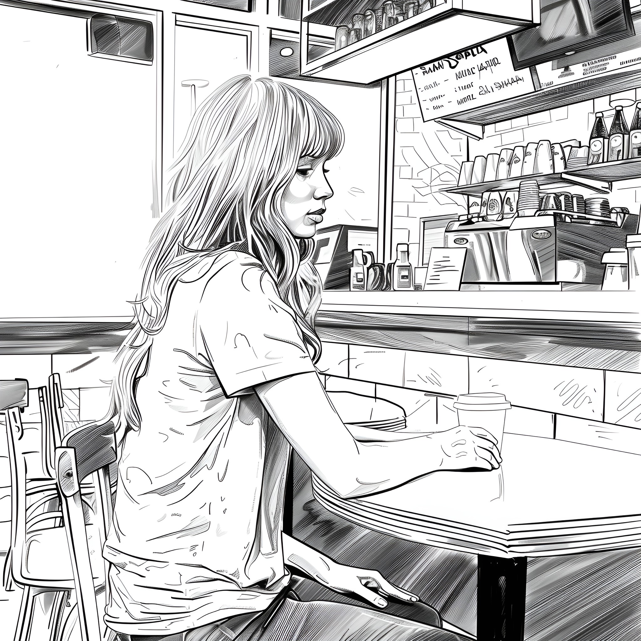 Taylor Swift daydreaming in a cafe Drawing Idea (free black-and-white line drawing printable PDF for all, from beginners to advanced learners, including children, teens, adults, and seniors)
