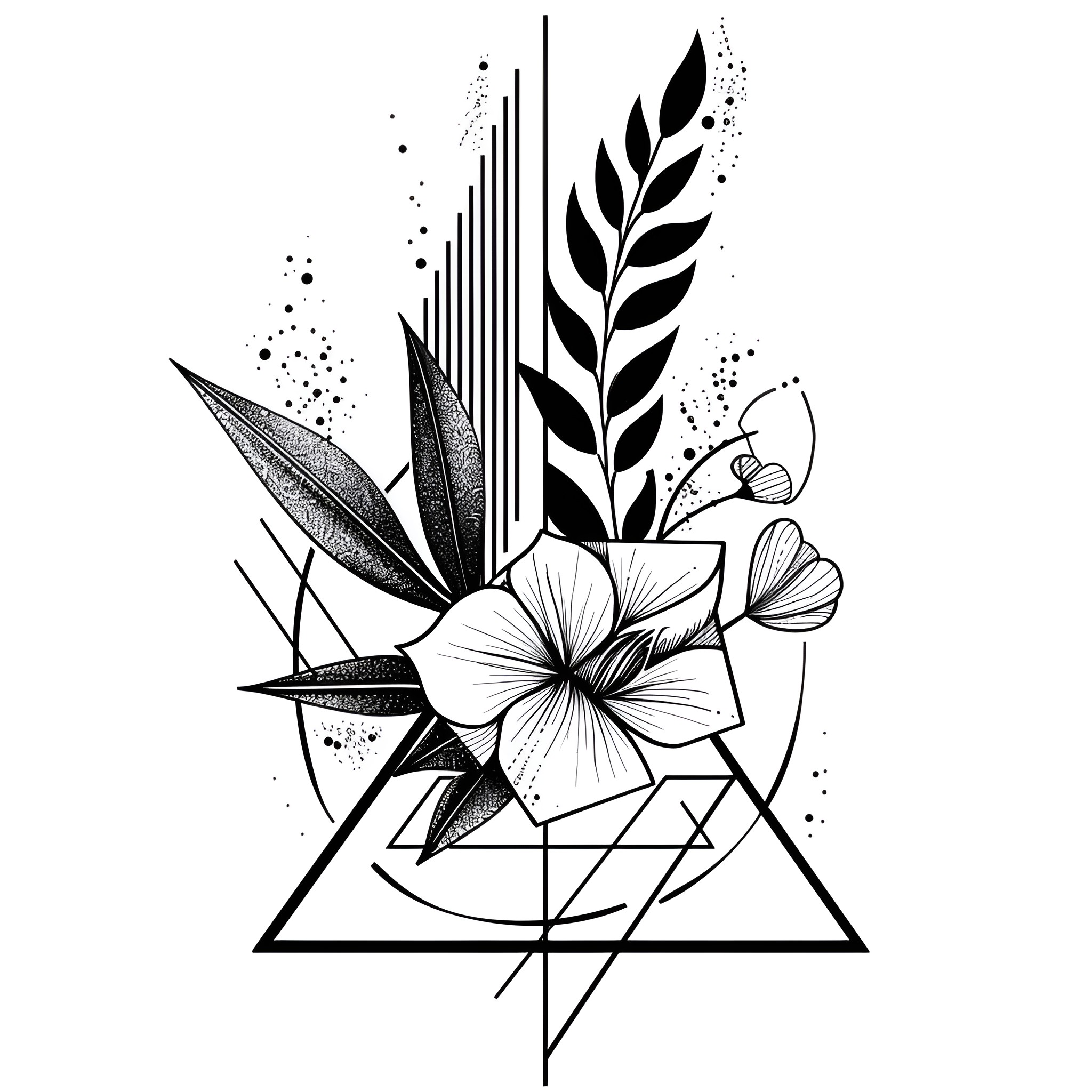 Tattoo Sketch of Floral Geometric Design Drawing Idea (free black-and-white line drawing printable PDF for all, from beginners to advanced learners, including children, teens, adults, and seniors)