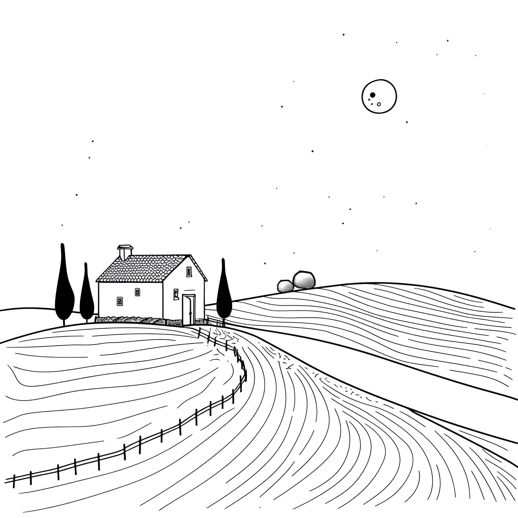 Landscape of a rural farmhouse and fields Drawing Idea (free black-and-white line drawing printable PDF for all, from beginners to advanced learners, including children, teens, adults, and seniors)