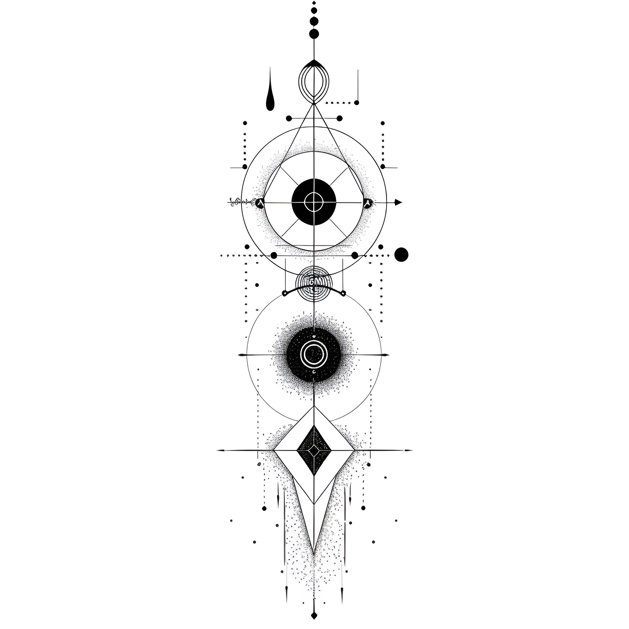 Tattoo Sketch of Geometric Shapes and Symbols Drawing Idea (free black-and-white line drawing printable PDF for all, from beginners to advanced learners, including children, teens, adults, and seniors)