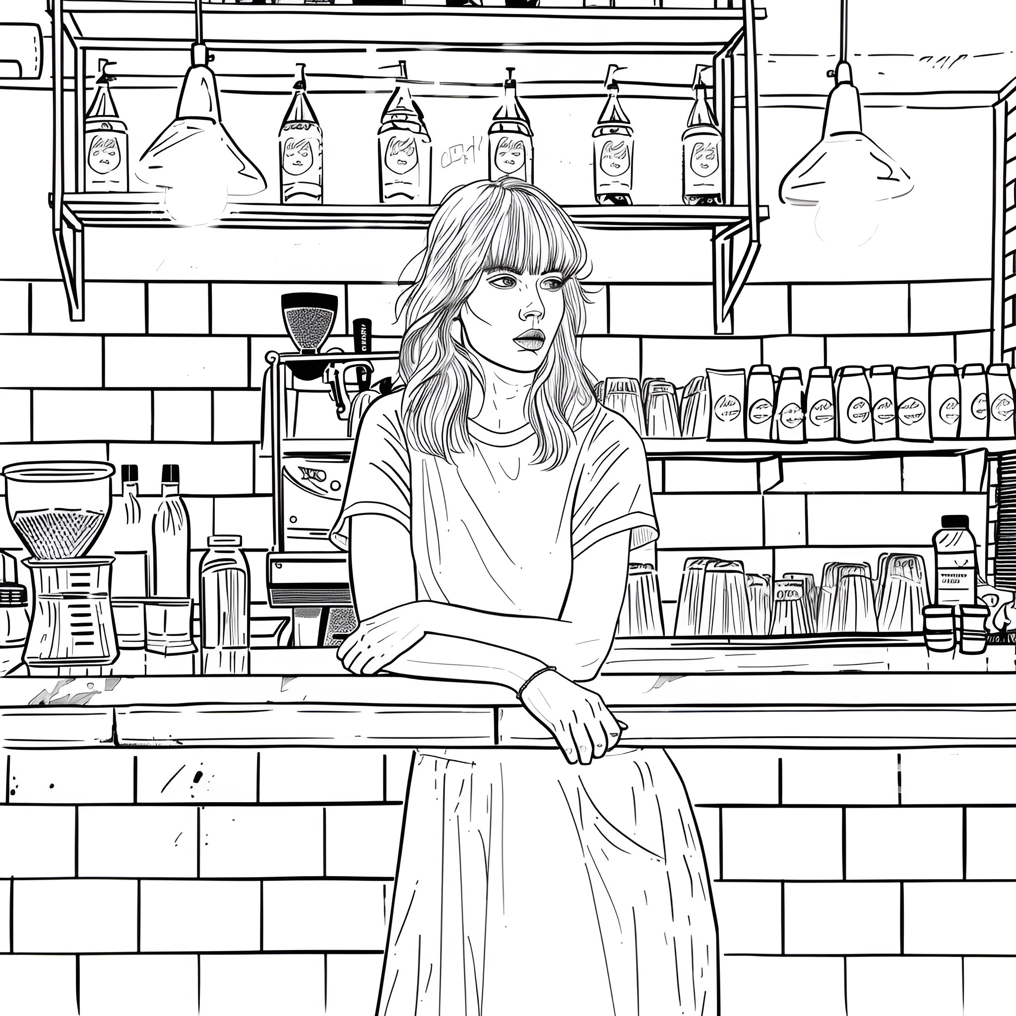 Taylor Swift working intently at a cafe counter Drawing Idea (free black-and-white line drawing printable PDF for all, from beginners to advanced learners, including children, teens, adults, and seniors)