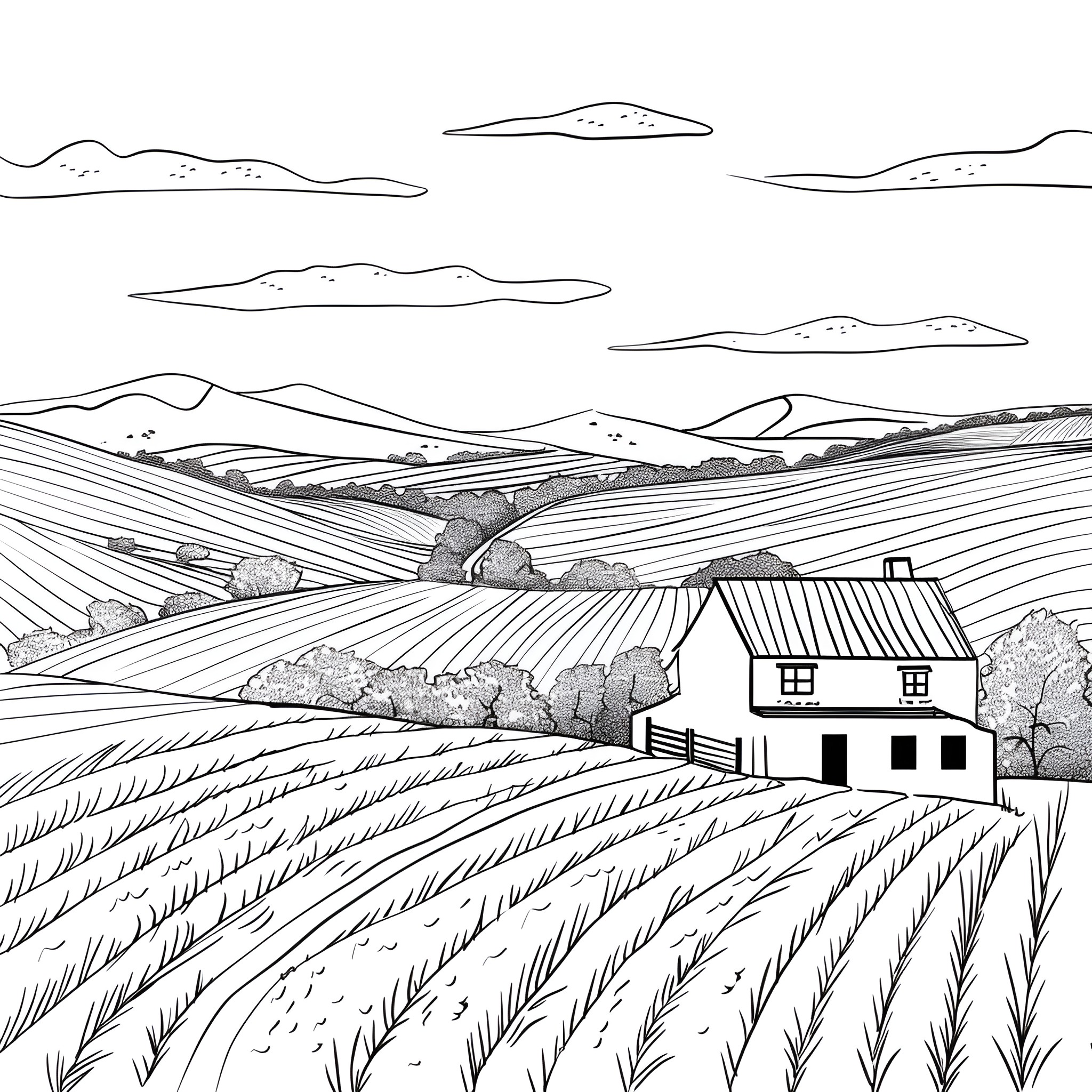 Landscape of rural farm and fields Drawing Idea (free black-and-white line drawing printable PDF for all, from beginners to advanced learners, including children, teens, adults, and seniors)