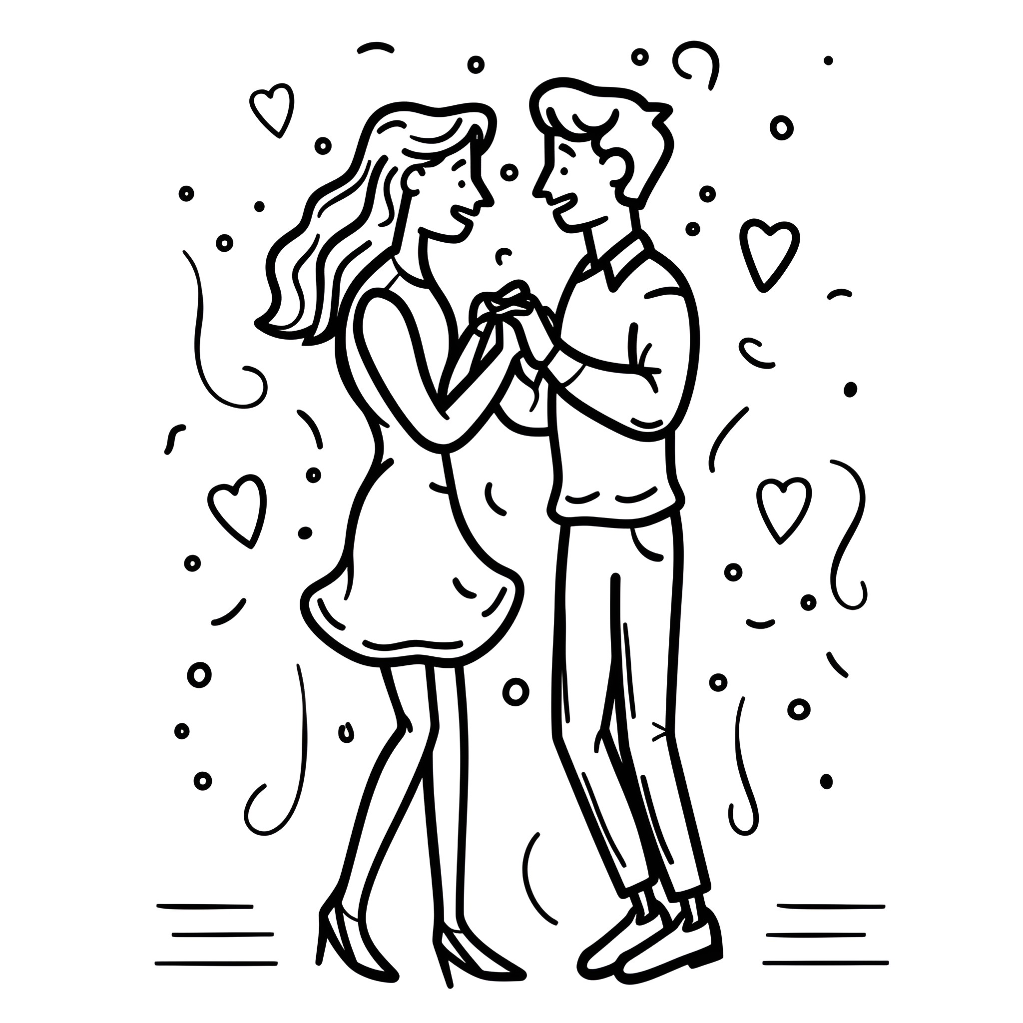 Valentine's Day lovers in embrace Drawing Idea (free black-and-white line drawing printable PDF for all, from beginners to advanced learners, including children, teens, adults, and seniors)