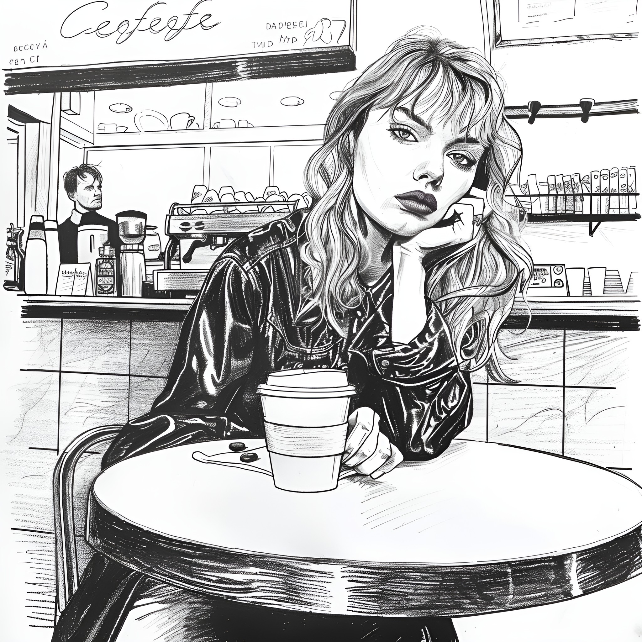 Taylor Swift in a pensive cafe moment Drawing Idea (free black-and-white line drawing printable PDF for all, from beginners to advanced learners, including children, teens, adults, and seniors)
