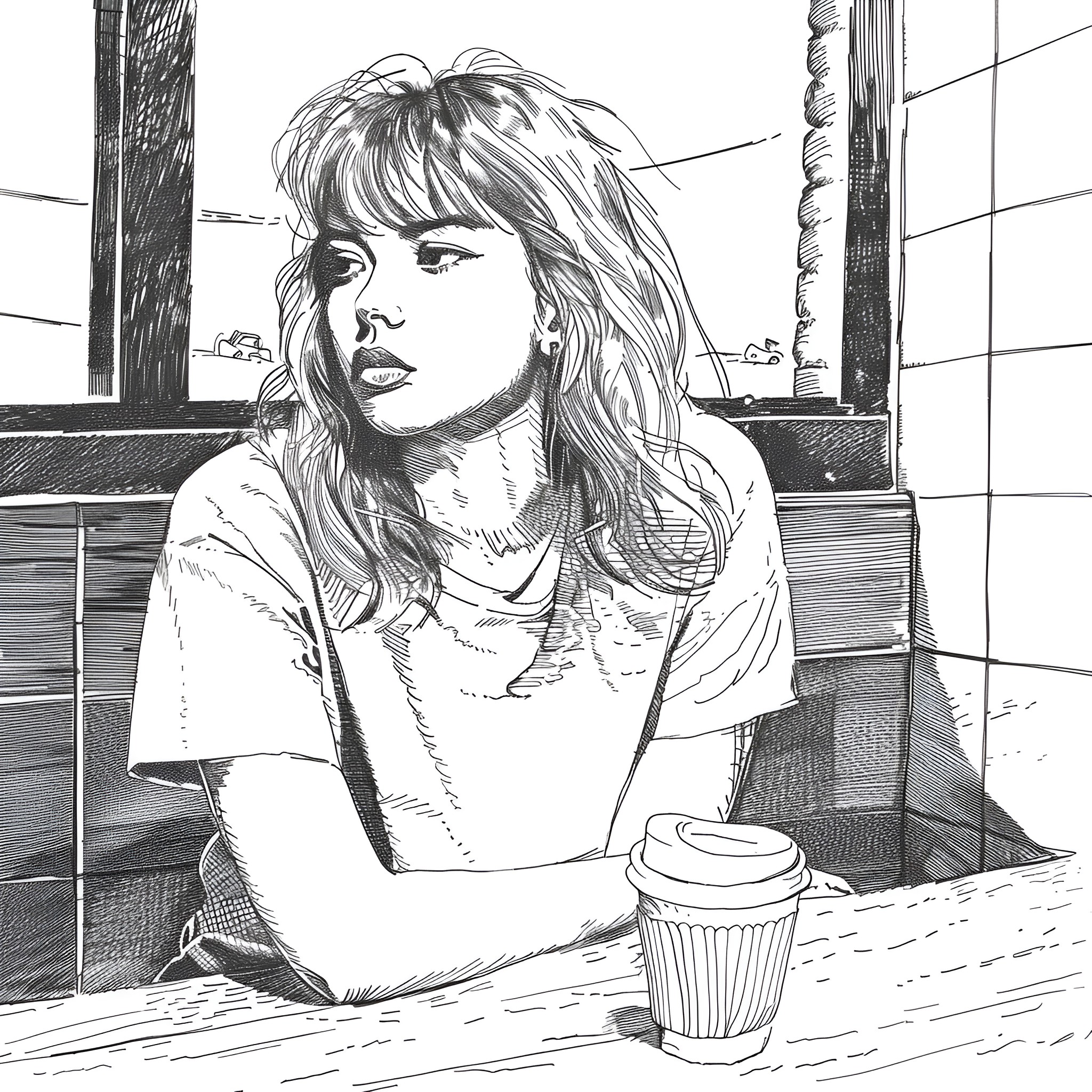 Taylor Swift depicted in a pensive moment Drawing Idea (free black-and-white line drawing printable PDF for all, from beginners to advanced learners, including children, teens, adults, and seniors)