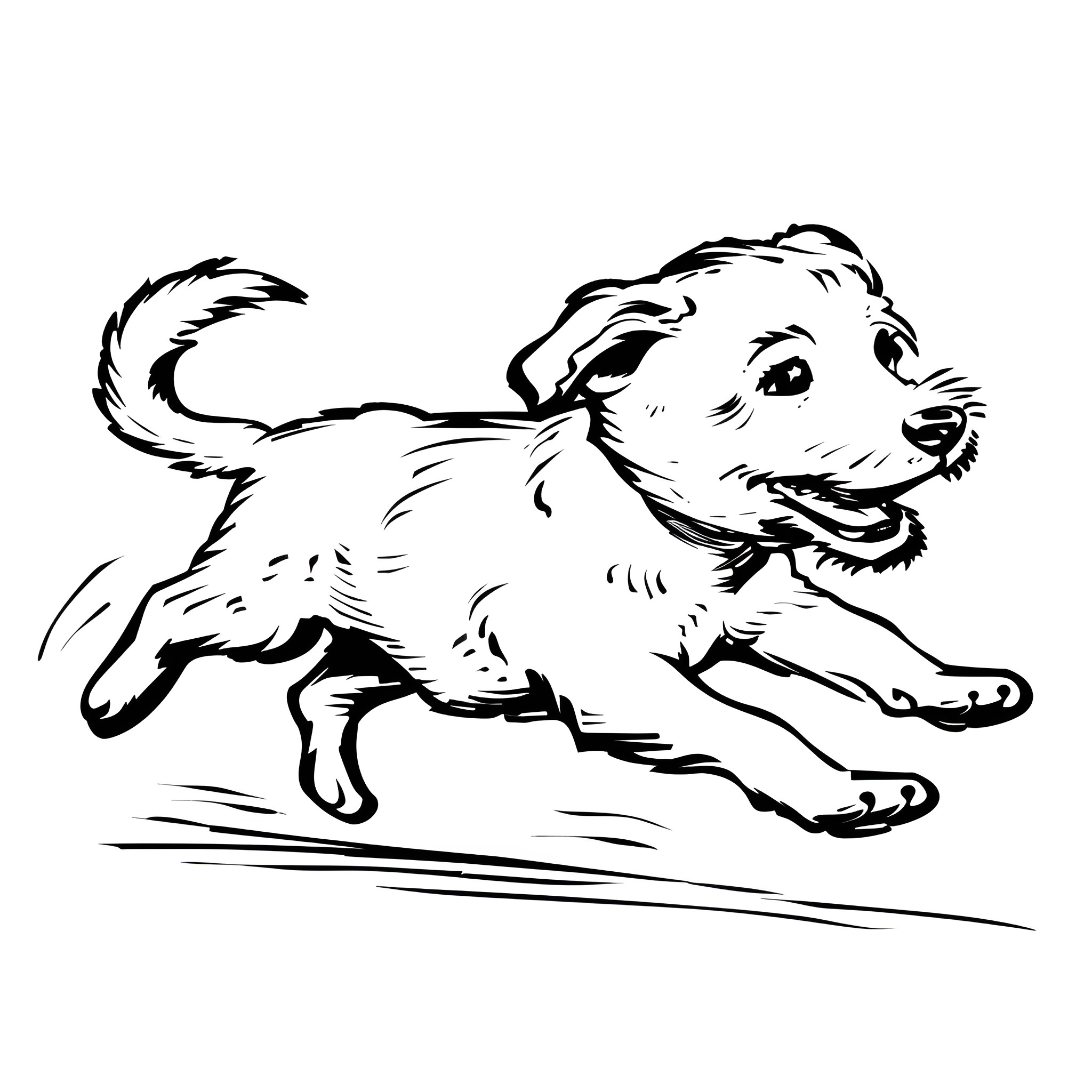 Fun playful puppy running Drawing Idea (free black-and-white line drawing printable PDF for all, from beginners to advanced learners, including children, teens, adults, and seniors)
