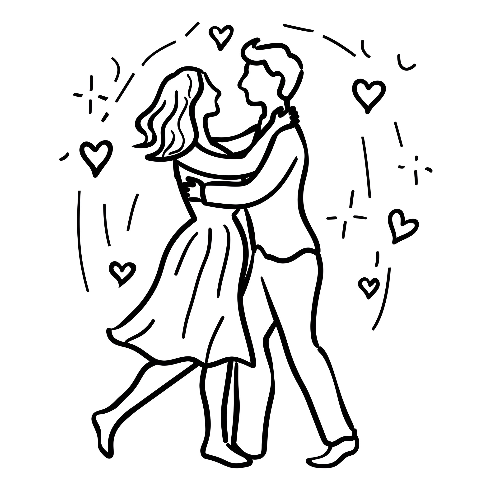 Valentine's Day Lovers' Dance Drawing Idea (free black-and-white line drawing printable PDF for all, from beginners to advanced learners, including children, teens, adults, and seniors)