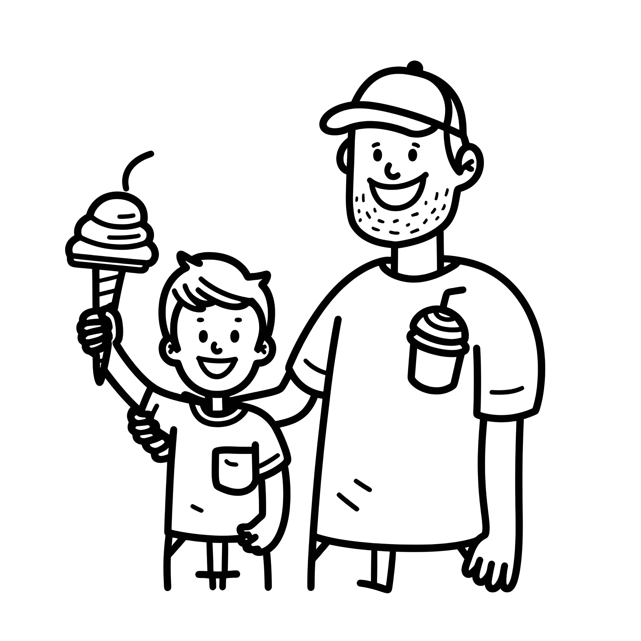 Father's Day enjoying treats with child Drawing Idea (free black-and-white line drawing printable PDF for all, from beginners to advanced learners, including children, teens, adults, and seniors)