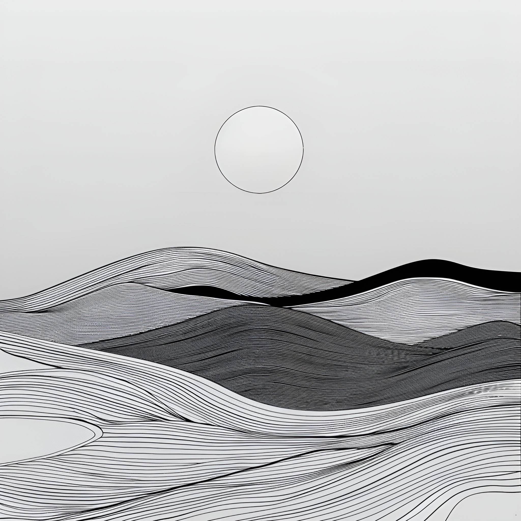 Landscape with undulating hills and sun Drawing Idea (free black-and-white line drawing printable PDF for all, from beginners to advanced learners, including children, teens, adults, and seniors)
