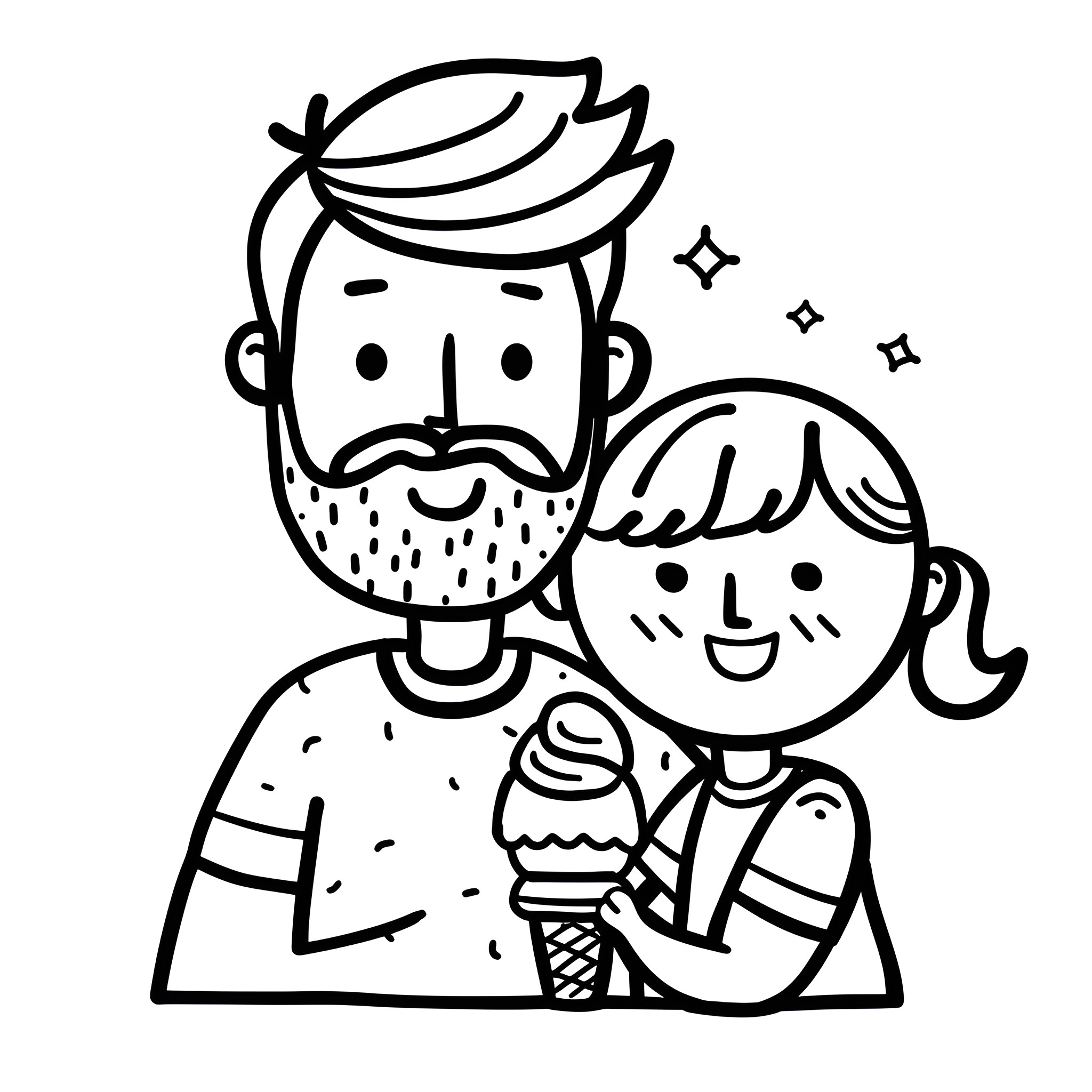 Father's Day with child sharing ice cream Drawing Idea (free black-and-white line drawing printable PDF for all, from beginners to advanced learners, including children, teens, adults, and seniors)