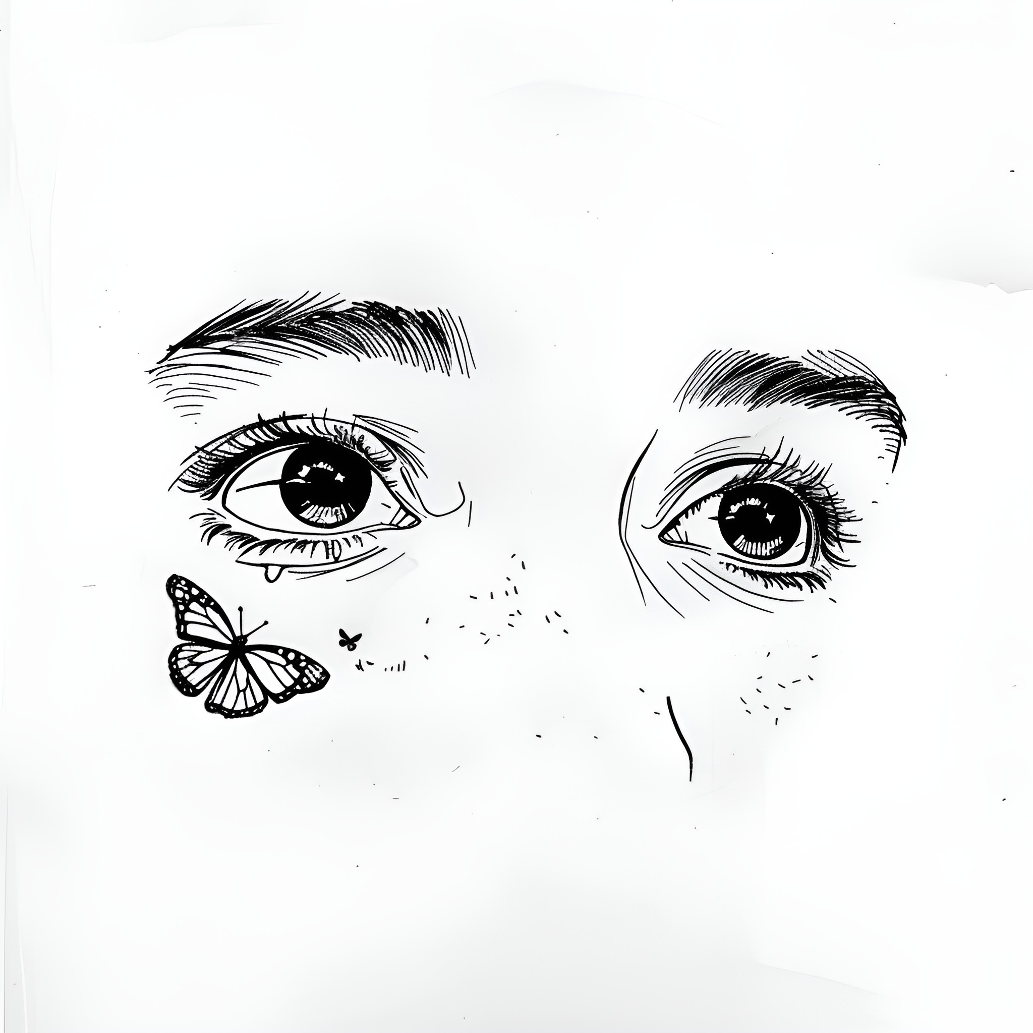 Eyes observing butterfly in motion Drawing Idea (free black-and-white line drawing printable PDF for all, from beginners to advanced learners, including children, teens, adults, and seniors)