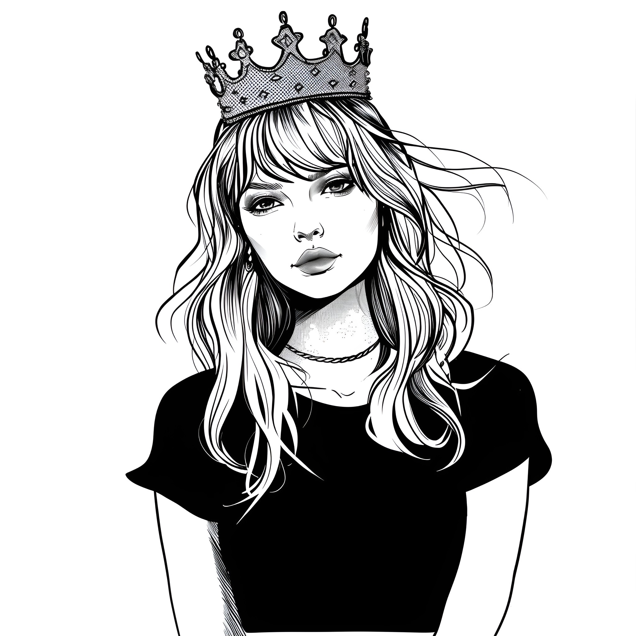 Taylor Swift as a regal figure Drawing Idea (free black-and-white line drawing printable PDF for all, from beginners to advanced learners, including children, teens, adults, and seniors)