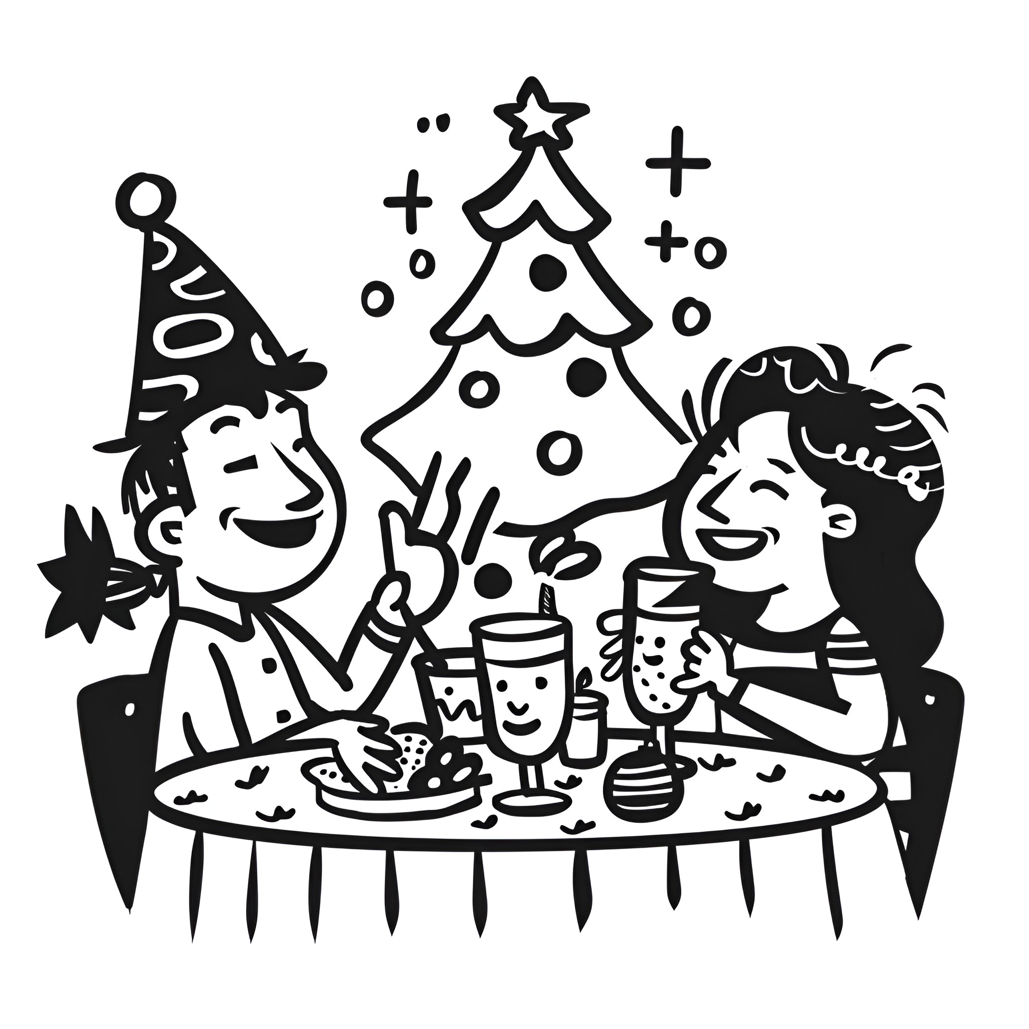 Fun friends celebrating at Christmas party Drawing Idea (free black-and-white line drawing printable PDF for all, from beginners to advanced learners, including children, teens, adults, and seniors)