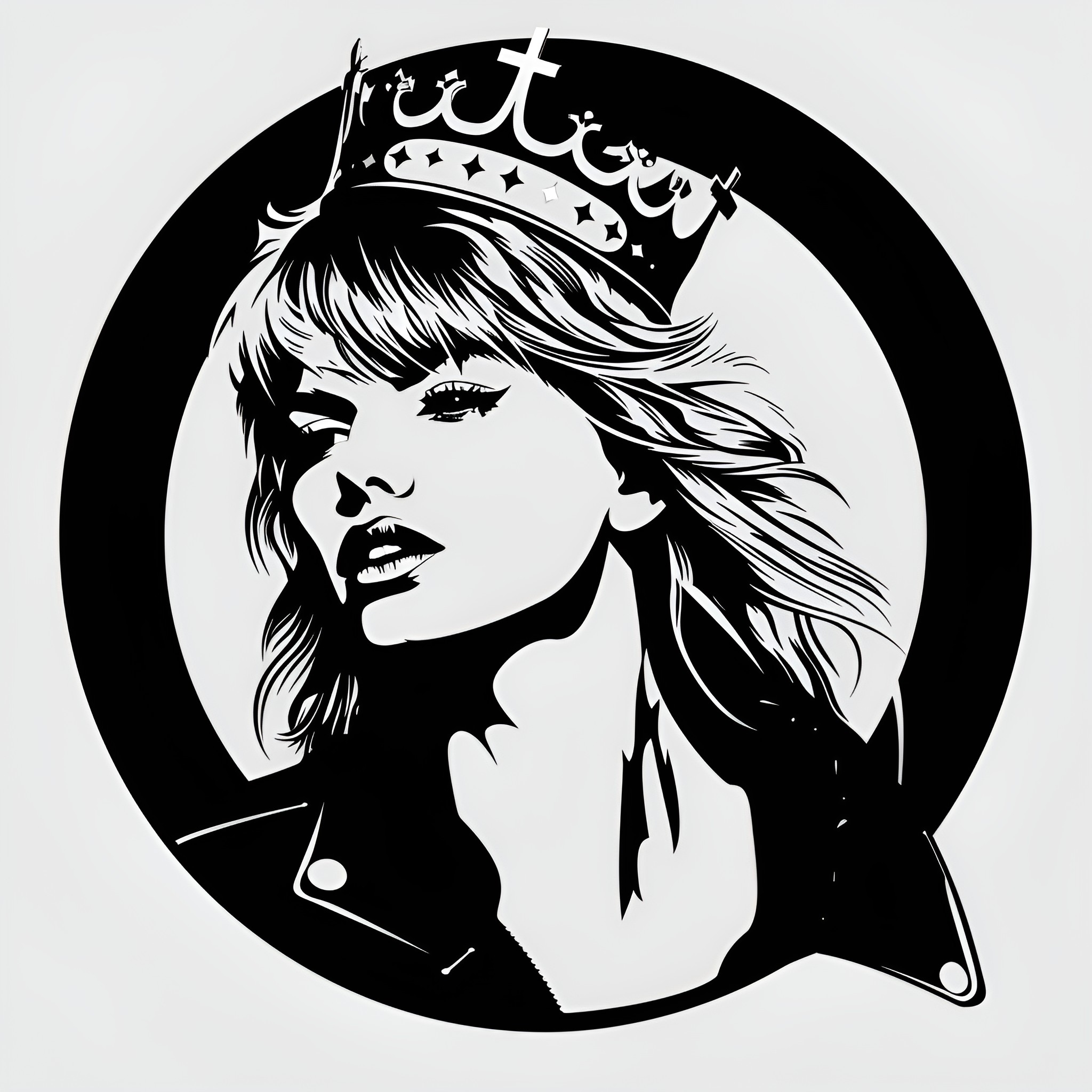 Taylor Swift portrayed as a regal rock queen Drawing Idea (free black-and-white line drawing printable PDF for all, from beginners to advanced learners, including children, teens, adults, and seniors)