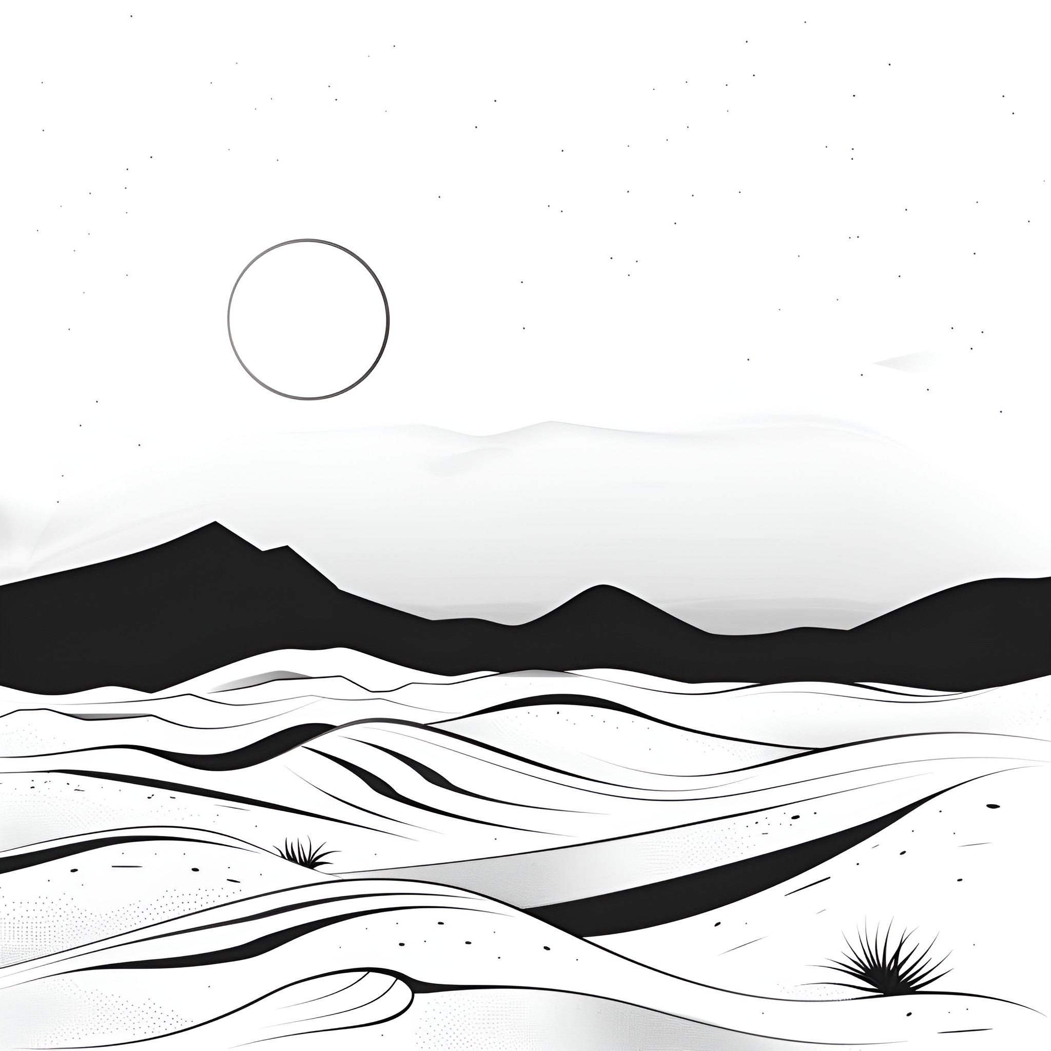 Landscape with hilly silhouettes Drawing Idea (free black-and-white line drawing printable PDF for all, from beginners to advanced learners, including children, teens, adults, and seniors)