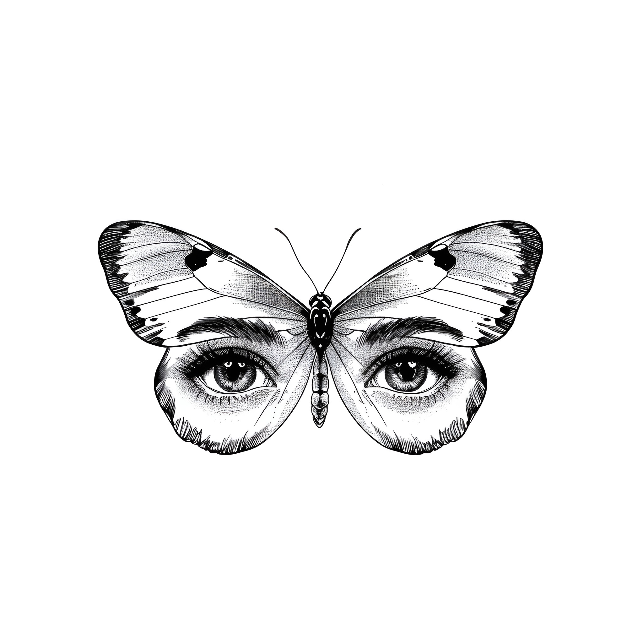 Eyes peering through a butterfly's wings Drawing Idea (free black-and-white line drawing printable PDF for all, from beginners to advanced learners, including children, teens, adults, and seniors)