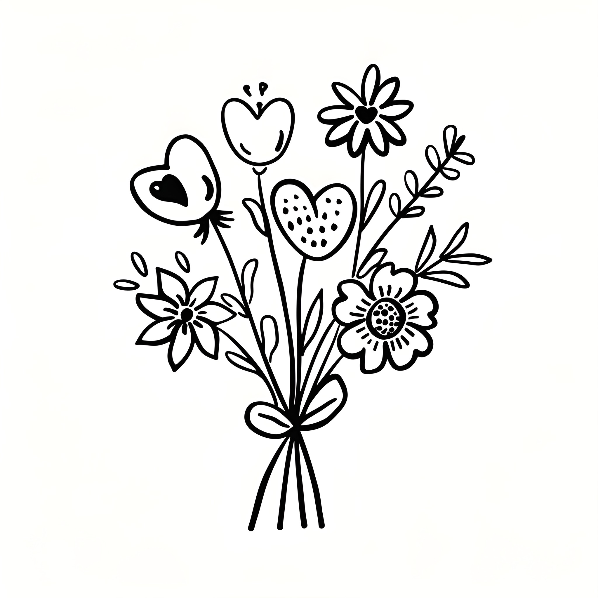 Valentine's Day floral bouquet Drawing Idea (free black-and-white line drawing printable PDF for all, from beginners to advanced learners, including children, teens, adults, and seniors)