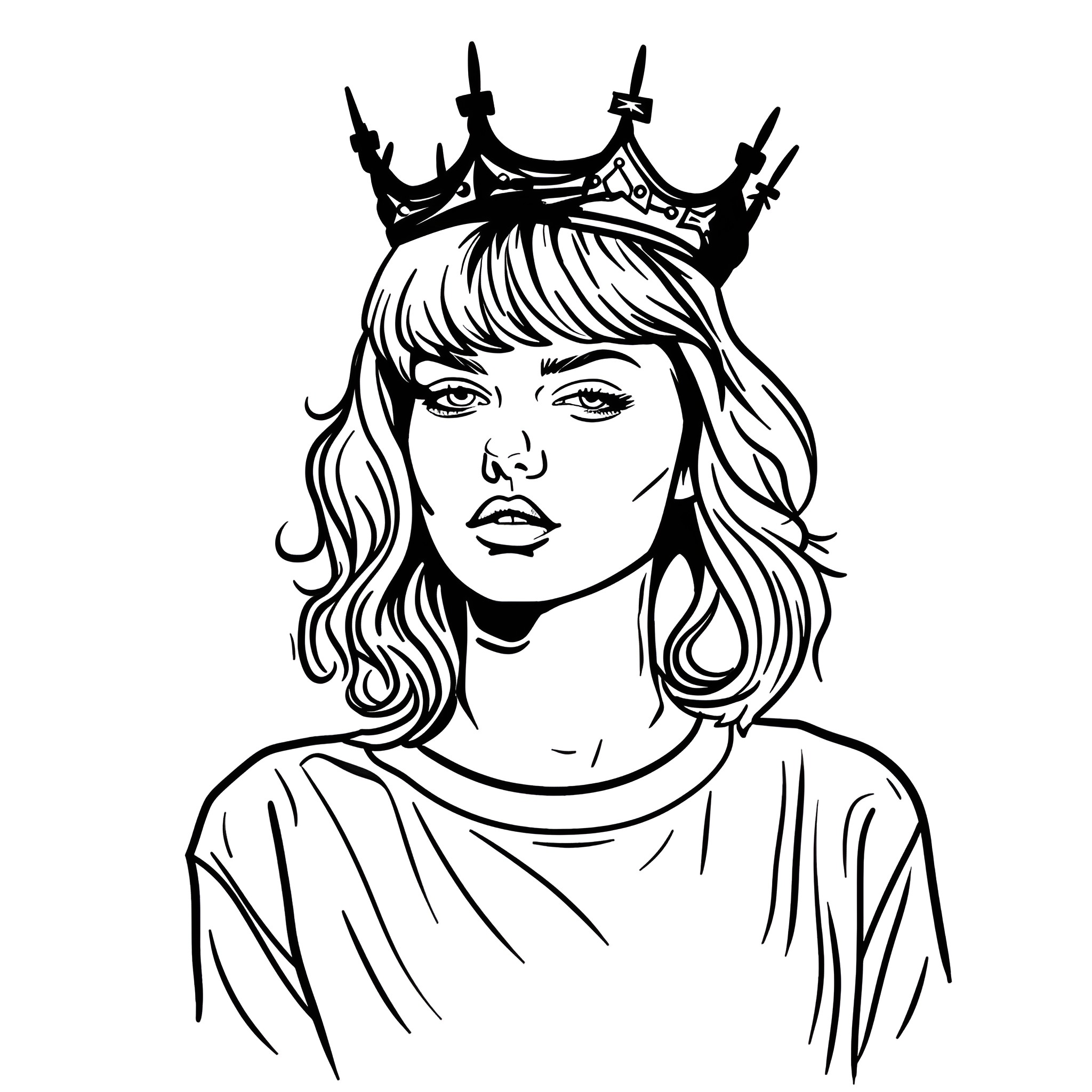 Taylor Swift wearing a crown and gazing thoughtfully Drawing Idea (free black-and-white line drawing printable PDF for all, from beginners to advanced learners, including children, teens, adults, and seniors)