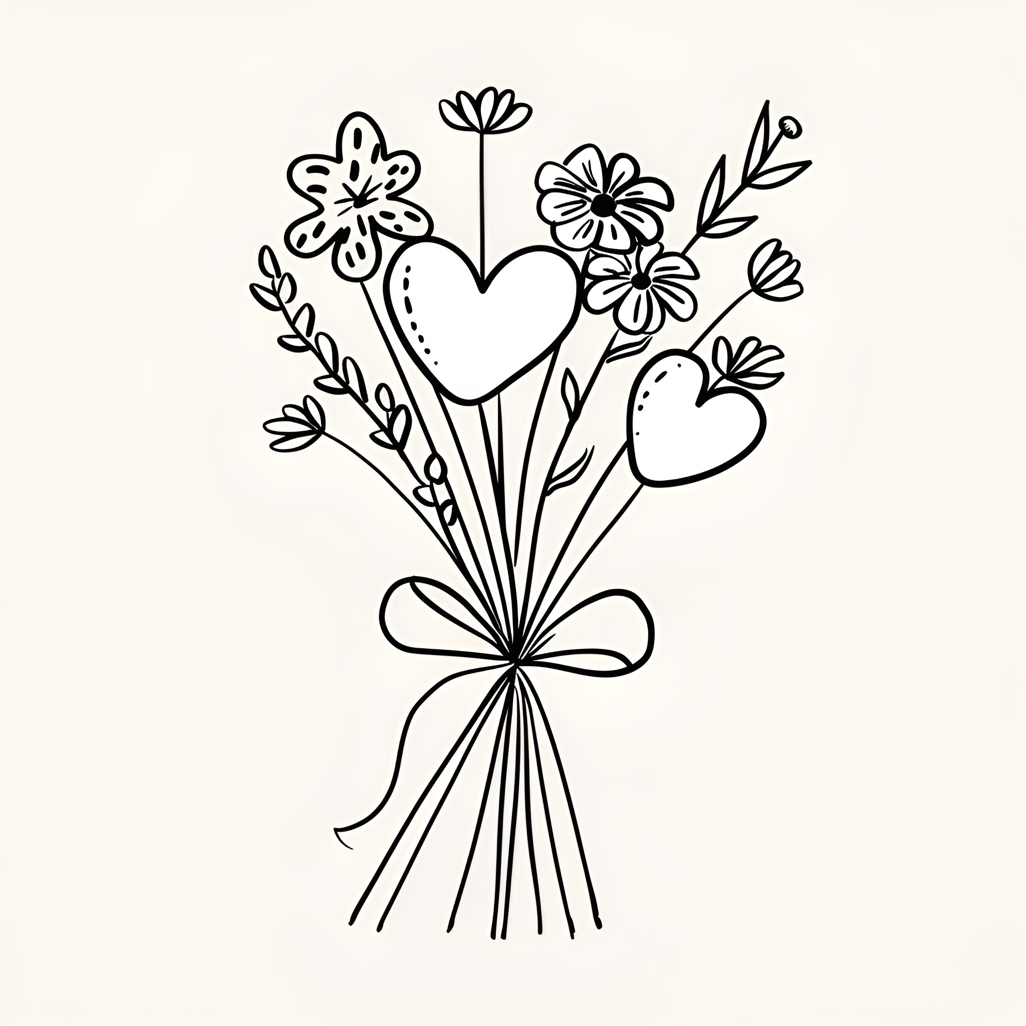 Valentine's Day Floral Bouquet with Hearts Drawing Idea (free black-and-white line drawing printable PDF for all, from beginners to advanced learners, including children, teens, adults, and seniors)