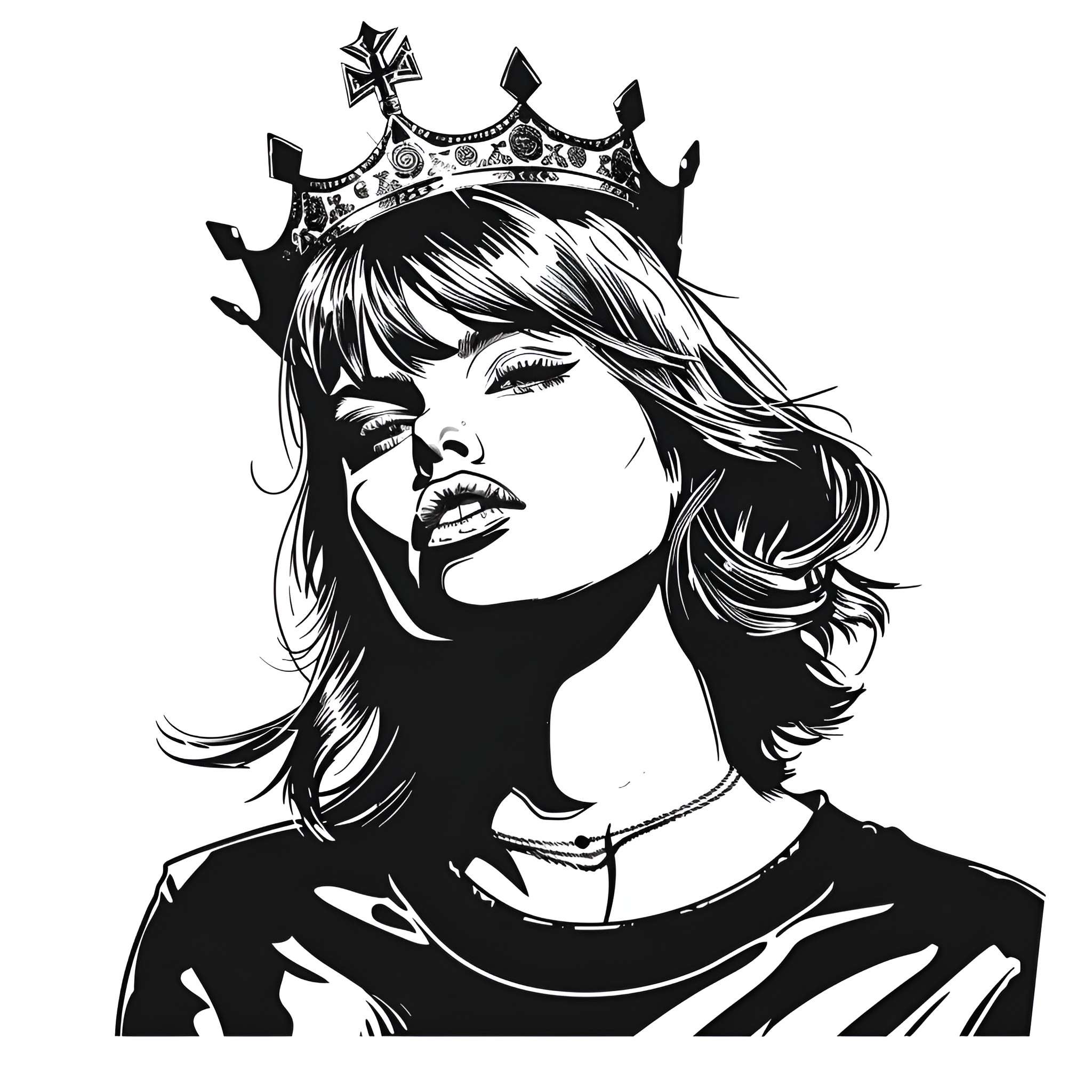 Taylor Swift crowned dramatic heroine Drawing Idea (free black-and-white line drawing printable PDF for all, from beginners to advanced learners, including children, teens, adults, and seniors)