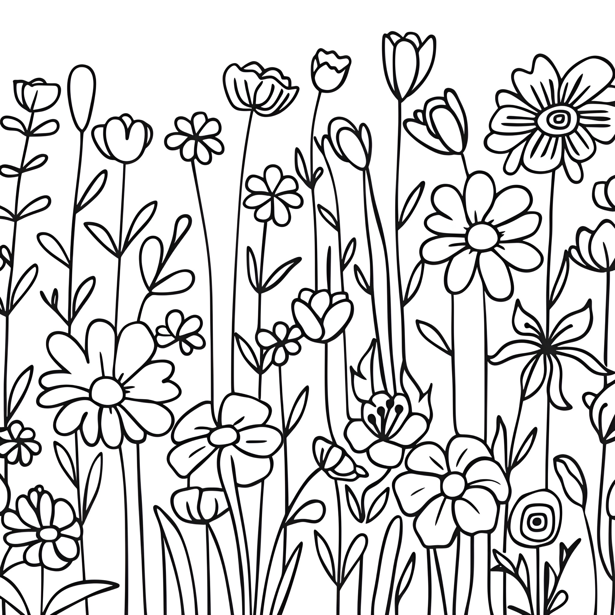 Background of whimsical floral illustrations Drawing Idea (free black-and-white line drawing printable PDF for all, from beginners to advanced learners, including children, teens, adults, and seniors)