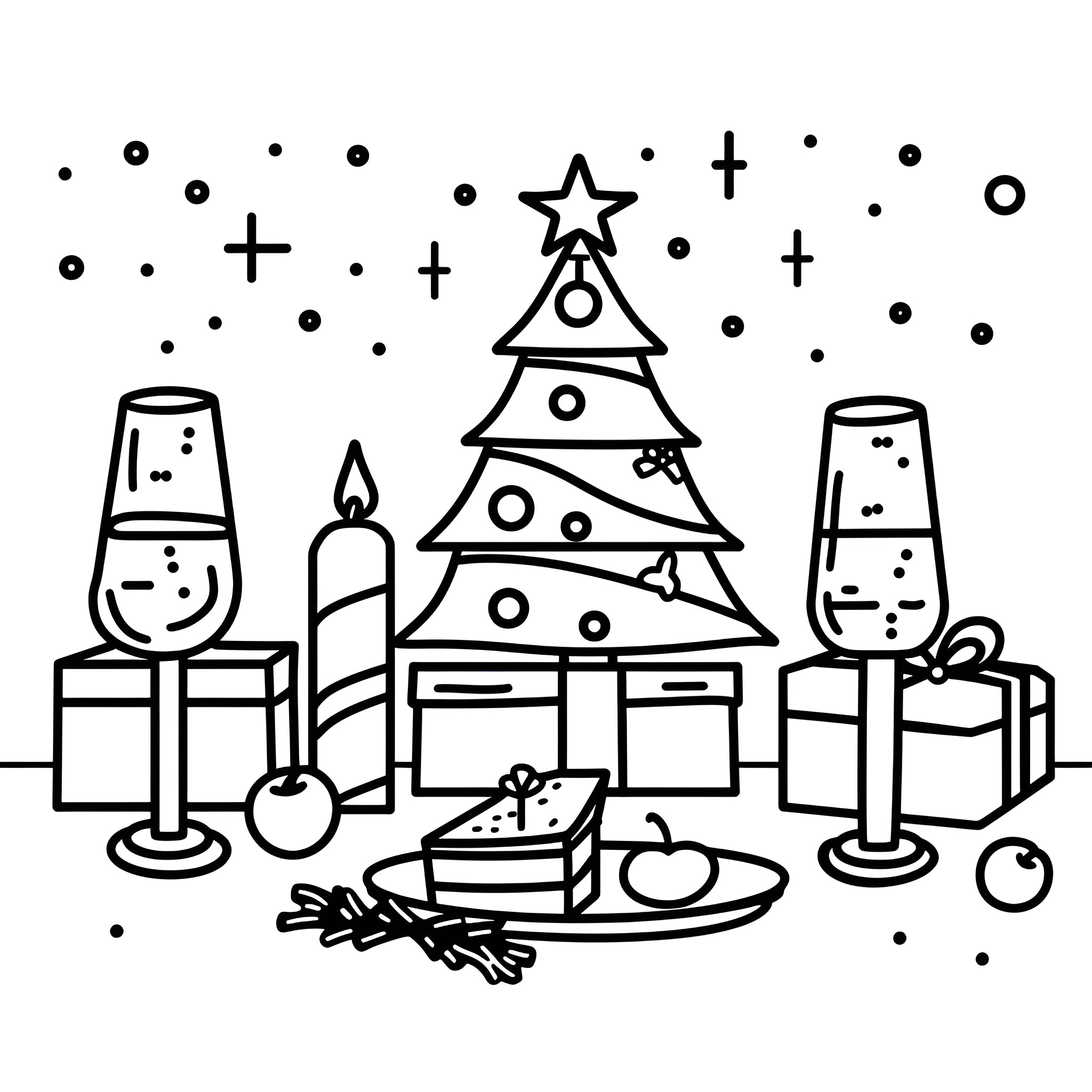 Fun Christmas scene with decorated tree and gifts Drawing Idea (free black-and-white line drawing printable PDF for all, from beginners to advanced learners, including children, teens, adults, and seniors)