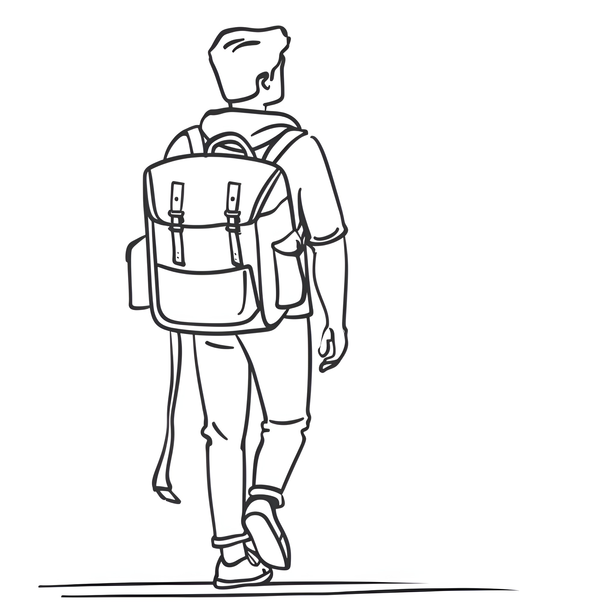 Adult with backpack walking Drawing Idea (free black-and-white line drawing printable PDF for all, from beginners to advanced learners, including children, teens, adults, and seniors)
