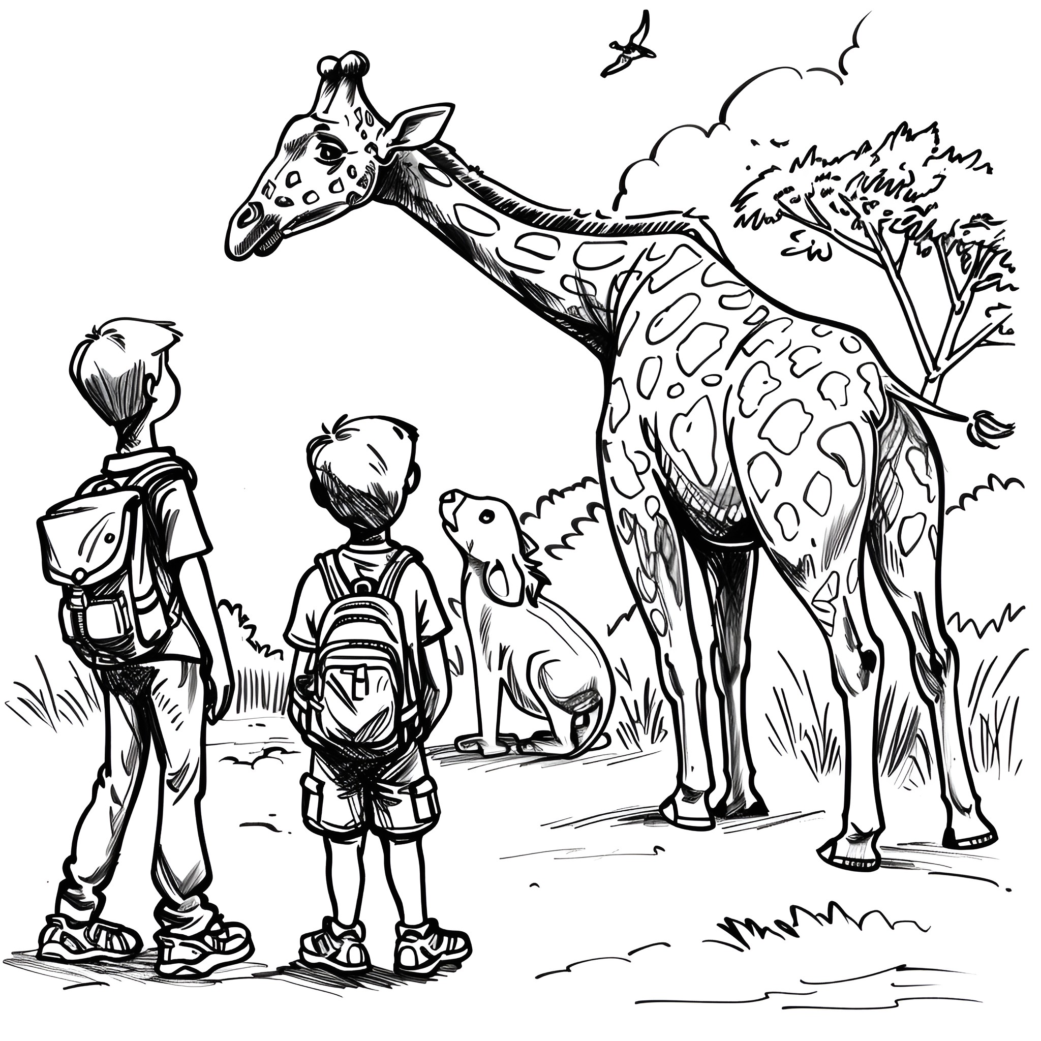 Father's Day Zoo Adventure Drawing Idea (free black-and-white line drawing printable PDF for all, from beginners to advanced learners, including children, teens, adults, and seniors)