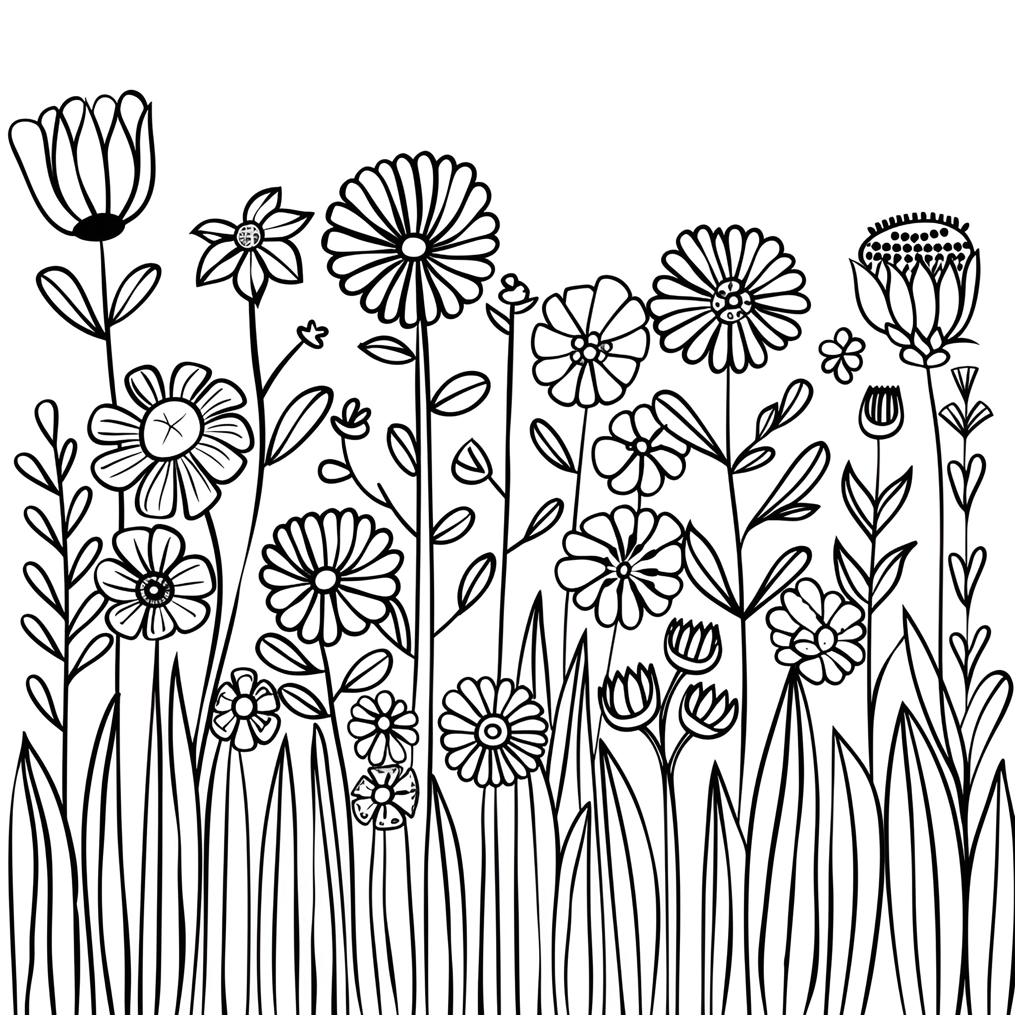 Background with whimsical floral illustrations Drawing Idea (free black-and-white line drawing printable PDF for all, from beginners to advanced learners, including children, teens, adults, and seniors)