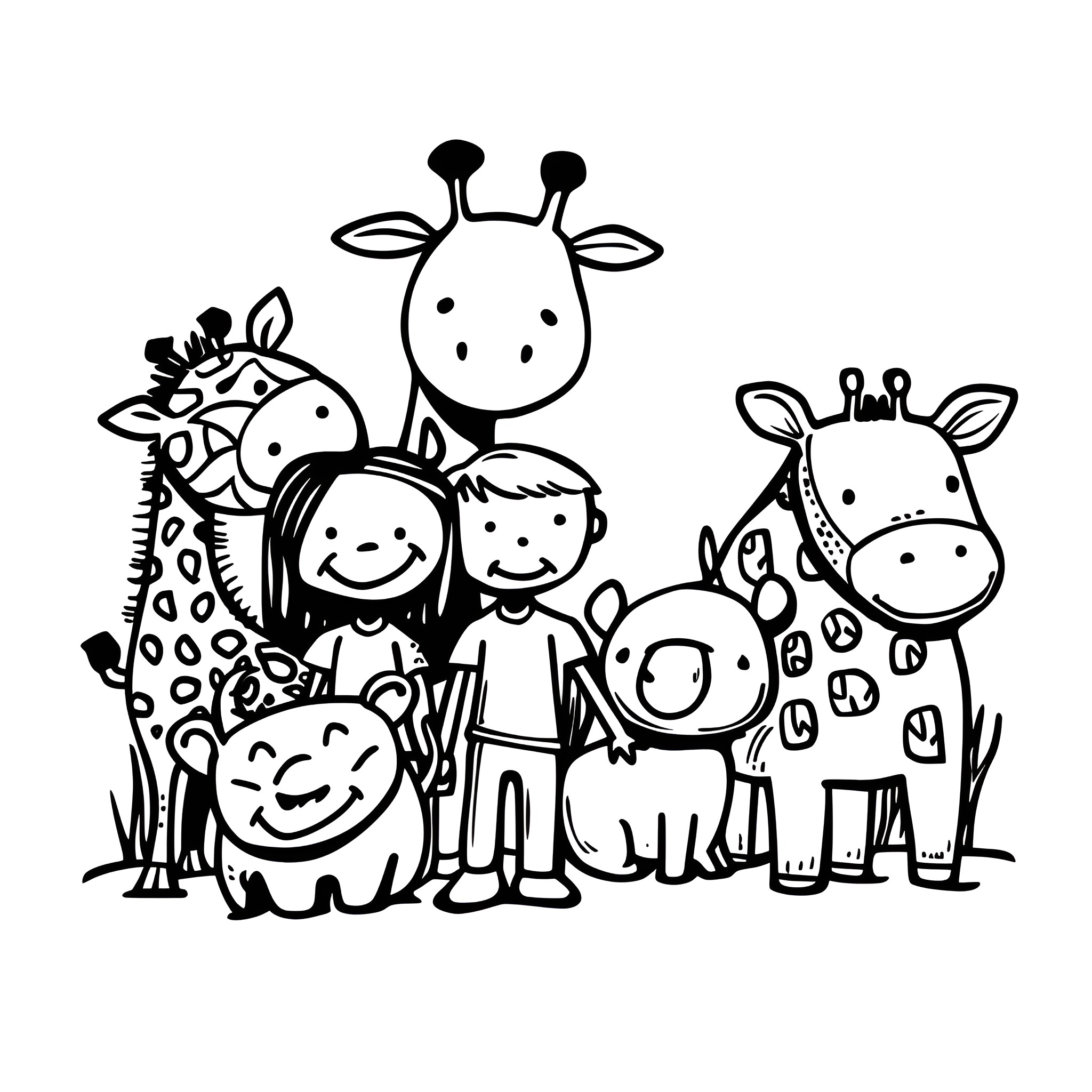 Father's Day with Playful Animal Friends Drawing Idea (free black-and-white line drawing printable PDF for all, from beginners to advanced learners, including children, teens, adults, and seniors)