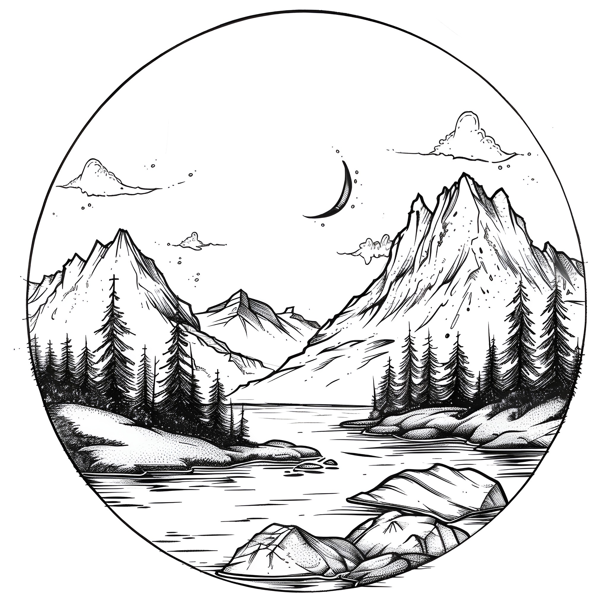 Tattoo Sketch of Majestic Mountain Landscape Drawing Idea (free black-and-white line drawing printable PDF for all, from beginners to advanced learners, including children, teens, adults, and seniors)