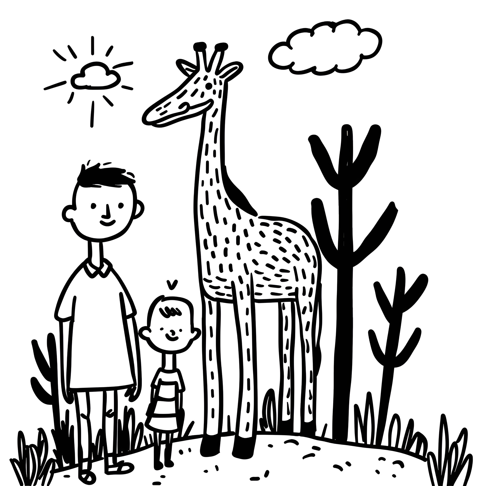 Father's Day with a playful family and giraffe Drawing Idea (free black-and-white line drawing printable PDF for all, from beginners to advanced learners, including children, teens, adults, and seniors)