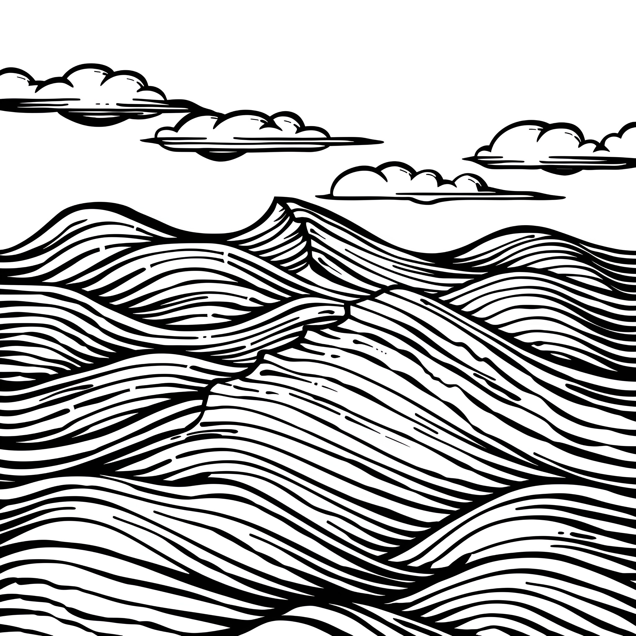 Landscape of flowing waves and cloudy skies Drawing Idea (free black-and-white line drawing printable PDF for all, from beginners to advanced learners, including children, teens, adults, and seniors)