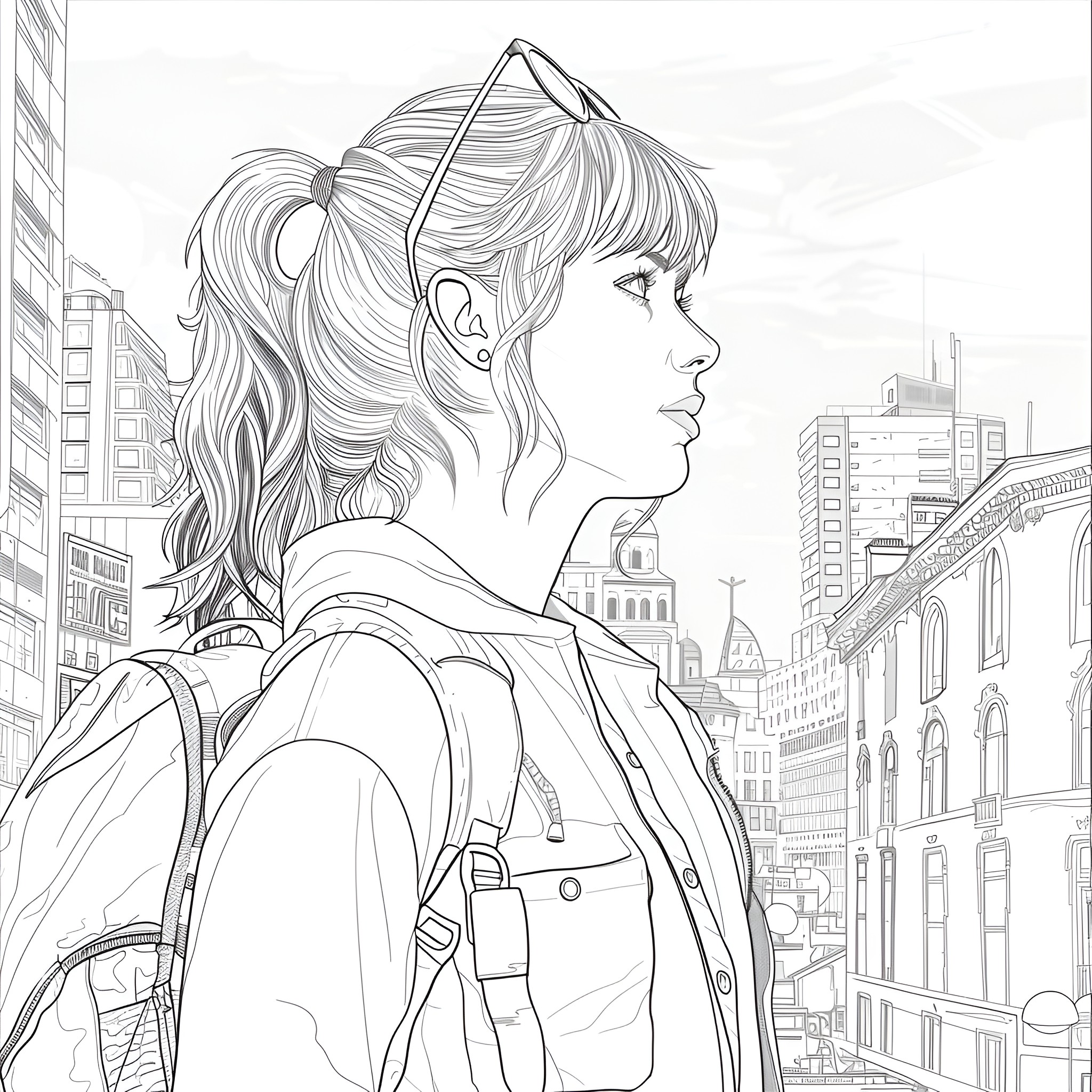 Taylor Swift explores city streets Drawing Idea (free black-and-white line drawing printable PDF for all, from beginners to advanced learners, including children, teens, adults, and seniors)