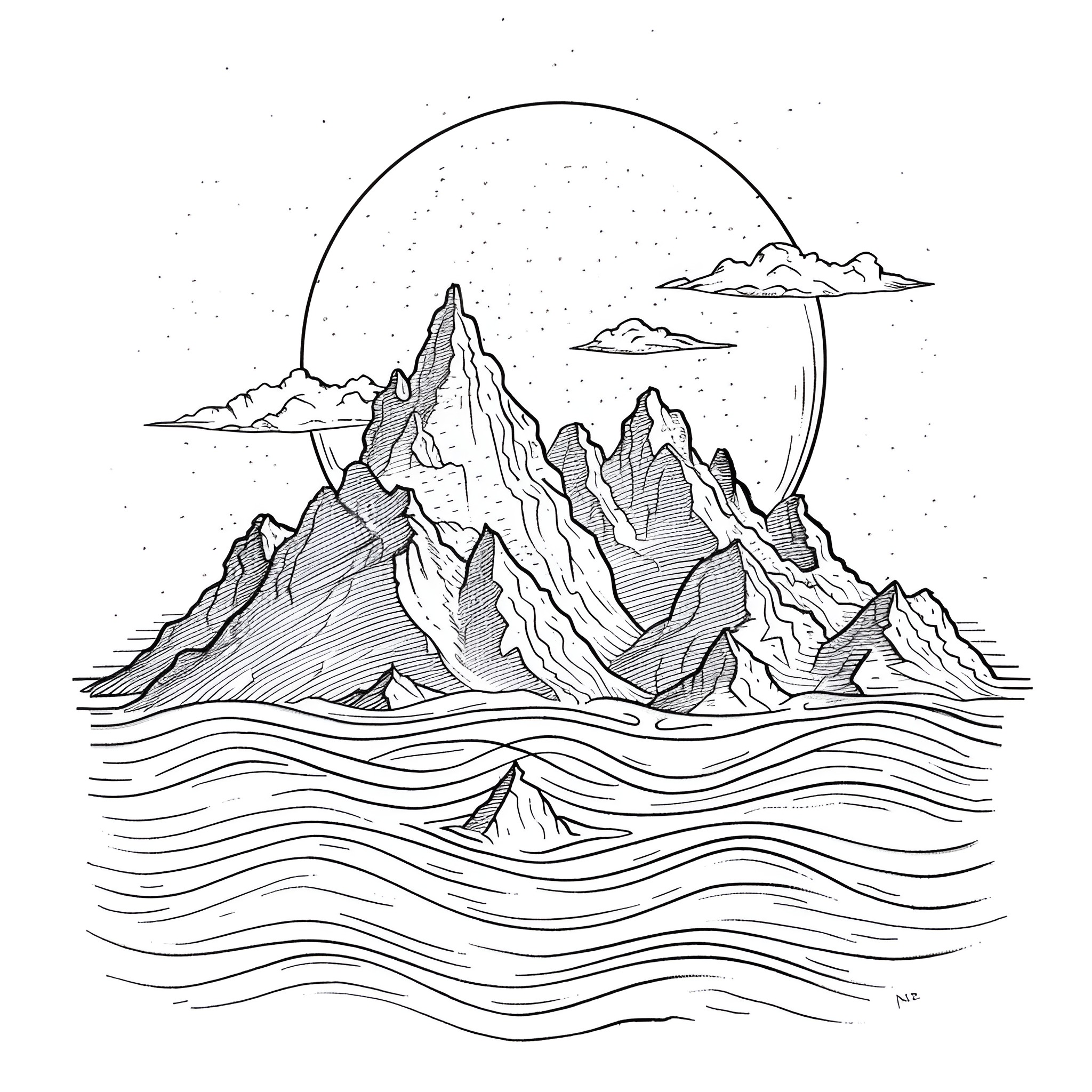 Tattoo Sketch of Mountainous Landscape Drawing Idea (free black-and-white line drawing printable PDF for all, from beginners to advanced learners, including children, teens, adults, and seniors)