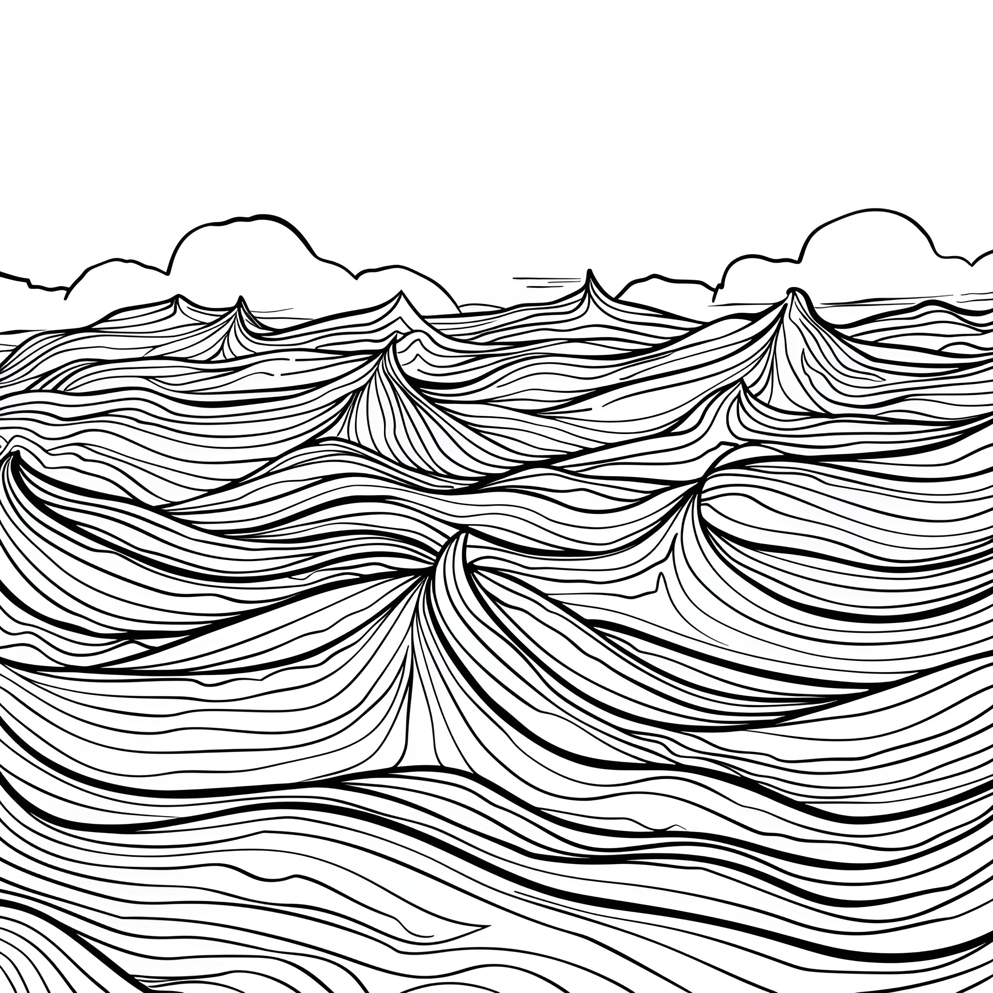 Landscape with dynamic waves and hills Drawing Idea (free black-and-white line drawing printable PDF for all, from beginners to advanced learners, including children, teens, adults, and seniors)