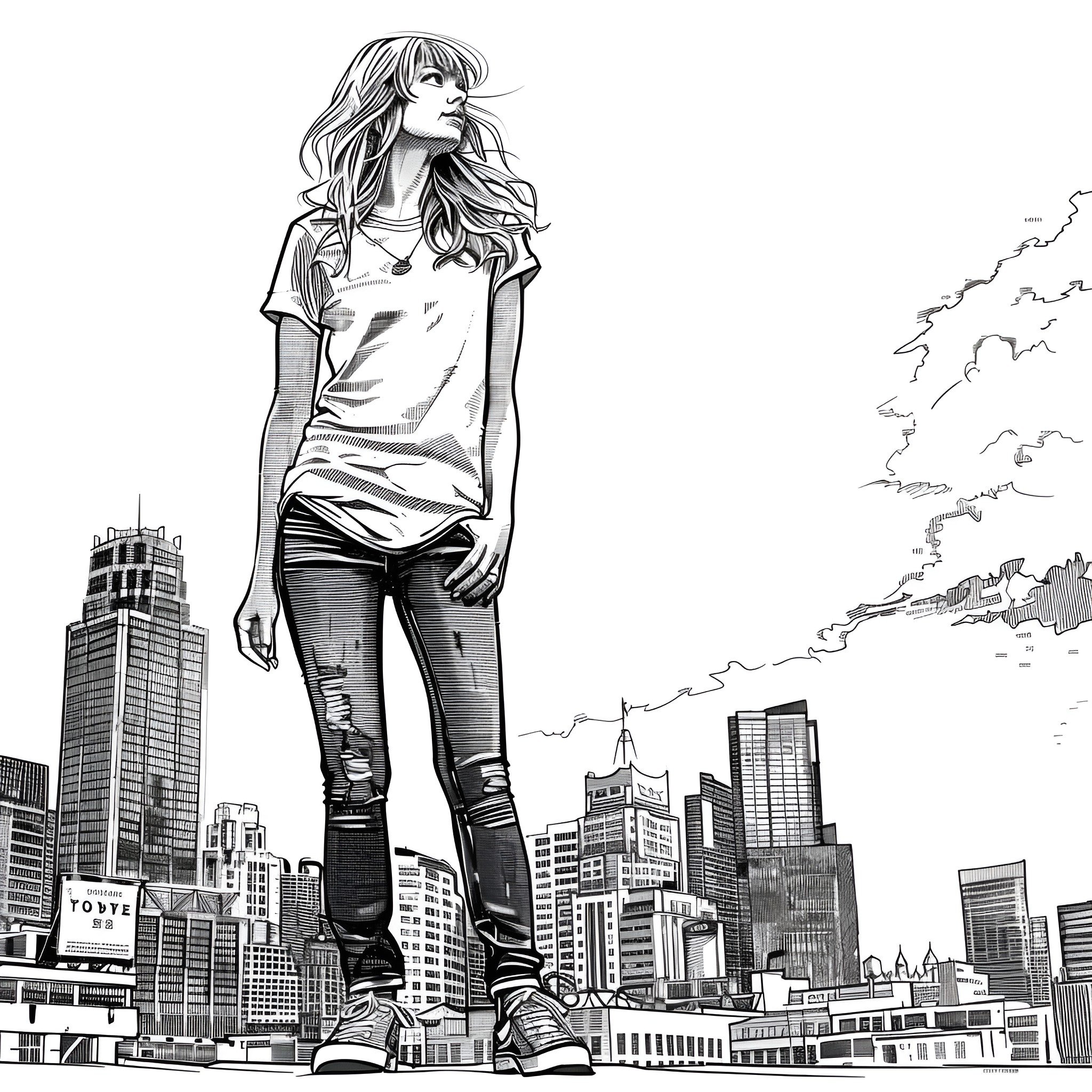 Taylor Swift looking confident in the city Drawing Idea (free black-and-white line drawing printable PDF for all, from beginners to advanced learners, including children, teens, adults, and seniors)