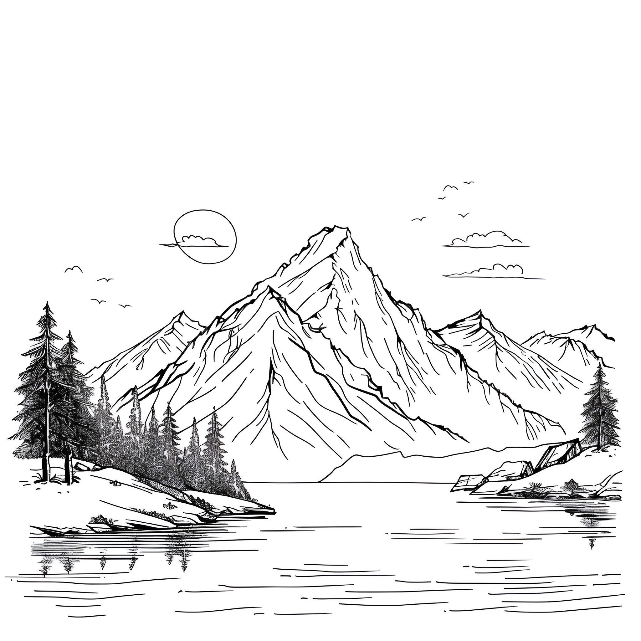 Tattoo Sketch of Majestic Mountain Landscape Drawing Idea (free black-and-white line drawing printable PDF for all, from beginners to advanced learners, including children, teens, adults, and seniors)
