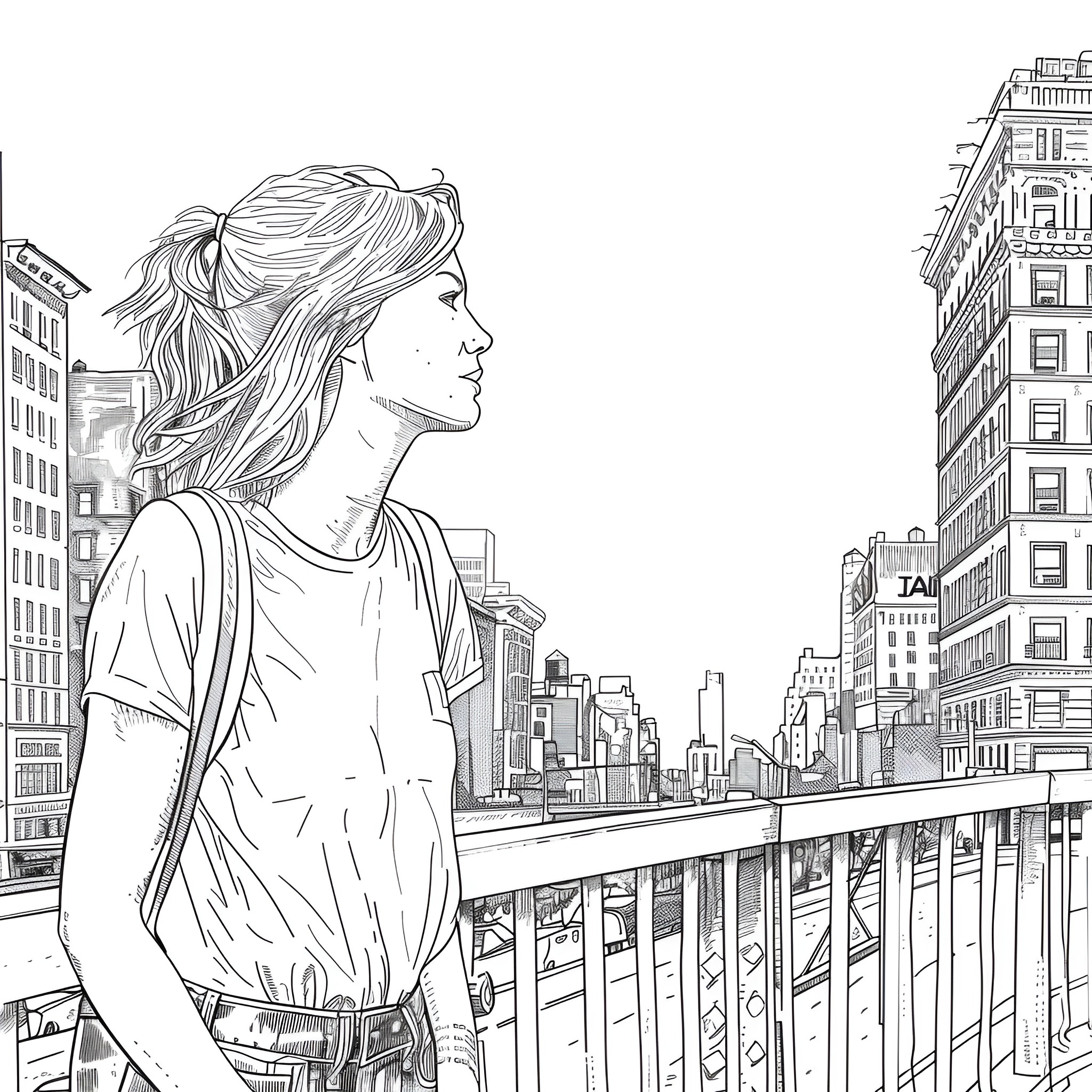 Taylor Swift gazing at the cityscape Drawing Idea (free black-and-white line drawing printable PDF for all, from beginners to advanced learners, including children, teens, adults, and seniors)