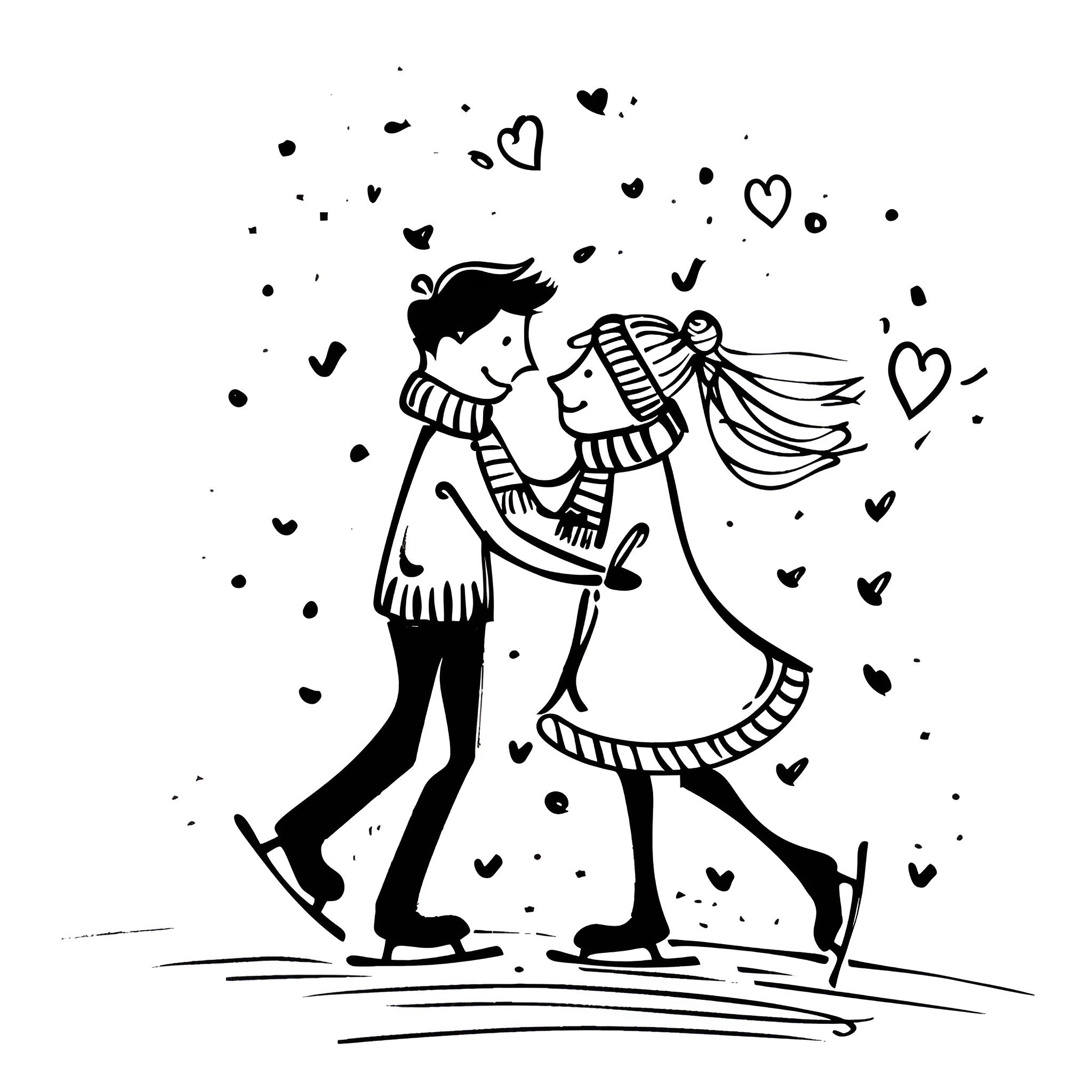 Valentine's Day Couple Embracing Joyfully Drawing Idea (free black-and-white line drawing printable PDF for all, from beginners to advanced learners, including children, teens, adults, and seniors)