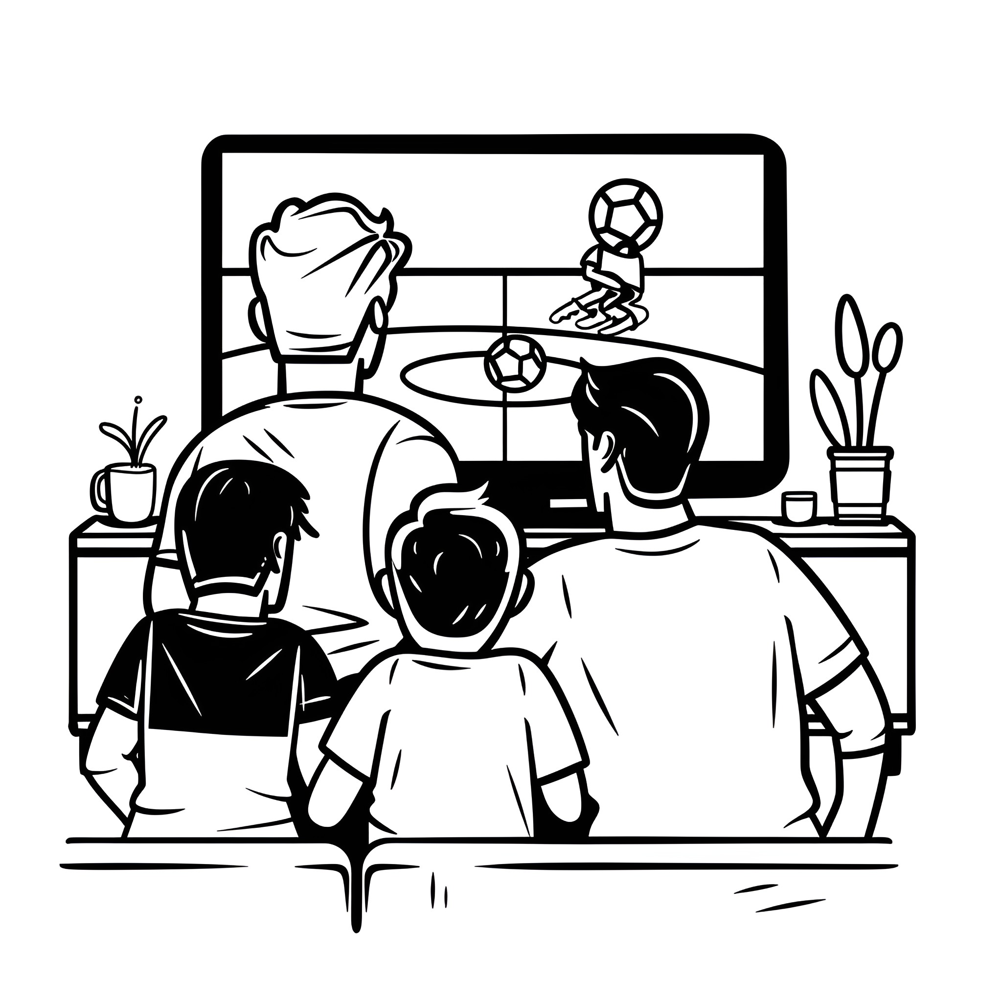 Father's Day football watching with family Drawing Idea (free black-and-white line drawing printable PDF for all, from beginners to advanced learners, including children, teens, adults, and seniors)