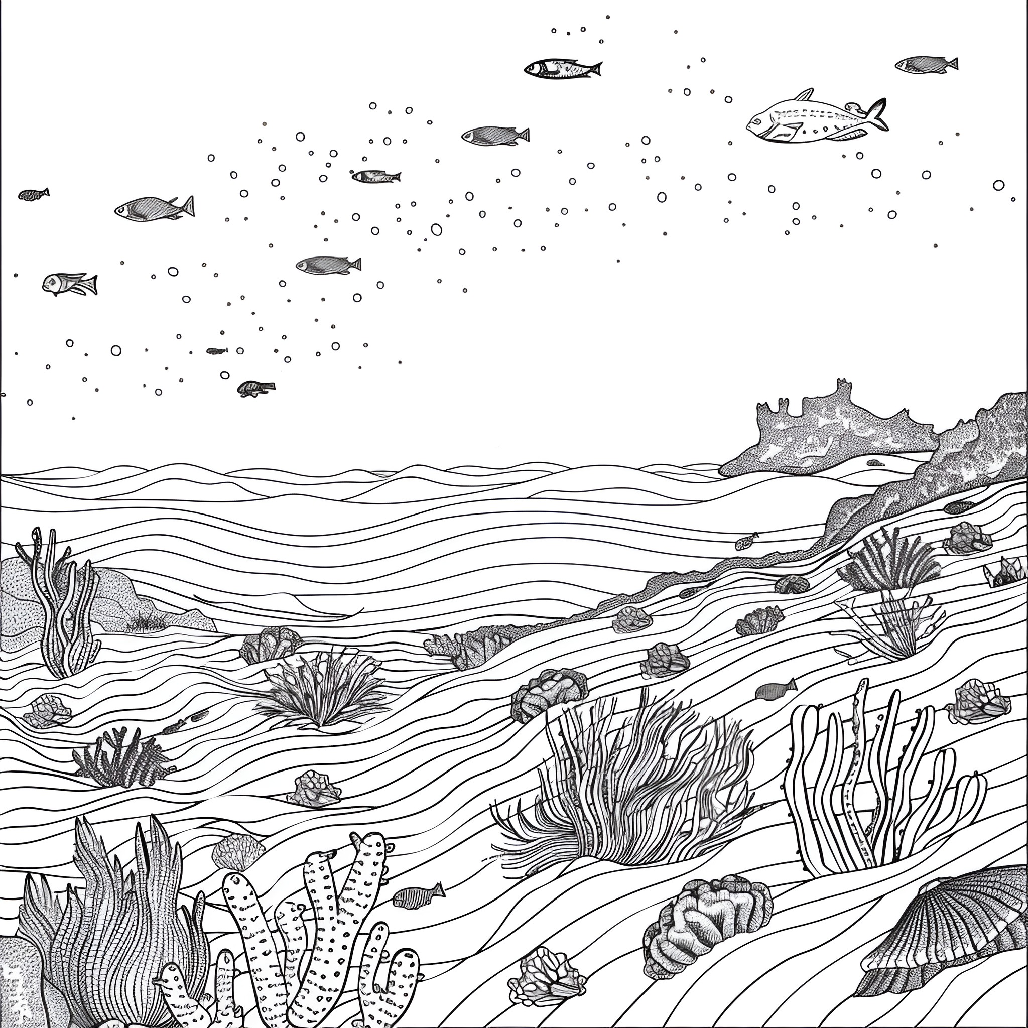 Landscape with underwater marine life Drawing Idea (free black-and-white line drawing printable PDF for all, from beginners to advanced learners, including children, teens, adults, and seniors)