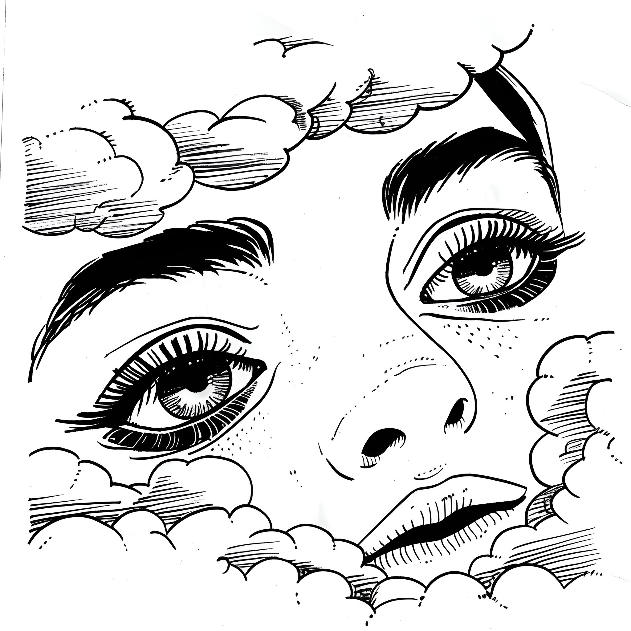 Eyes peering through cloudy skies Drawing Idea (free black-and-white line drawing printable PDF for all, from beginners to advanced learners, including children, teens, adults, and seniors)