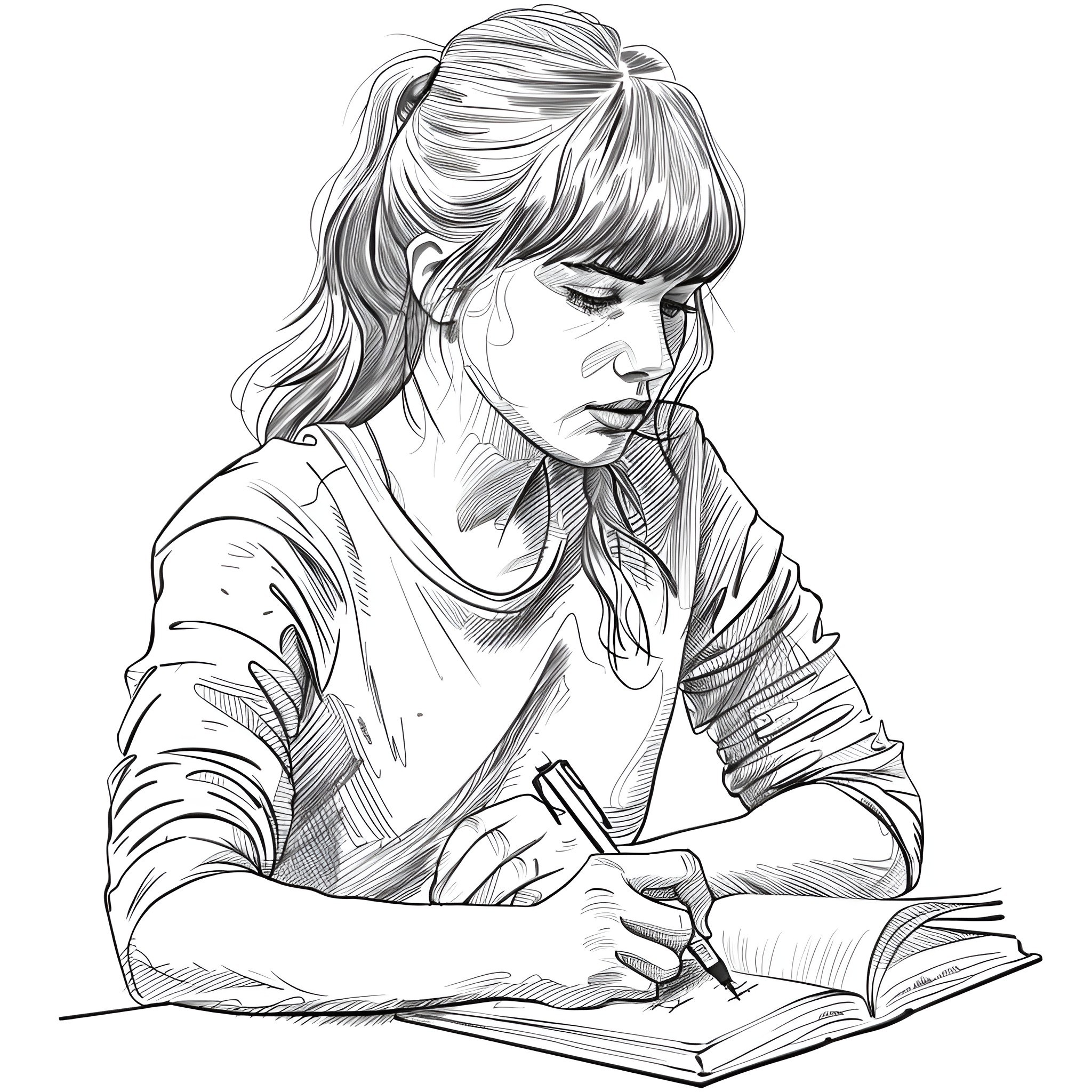 Taylor Swift intently focused on writing Drawing Idea (free black-and-white line drawing printable PDF for all, from beginners to advanced learners, including children, teens, adults, and seniors)