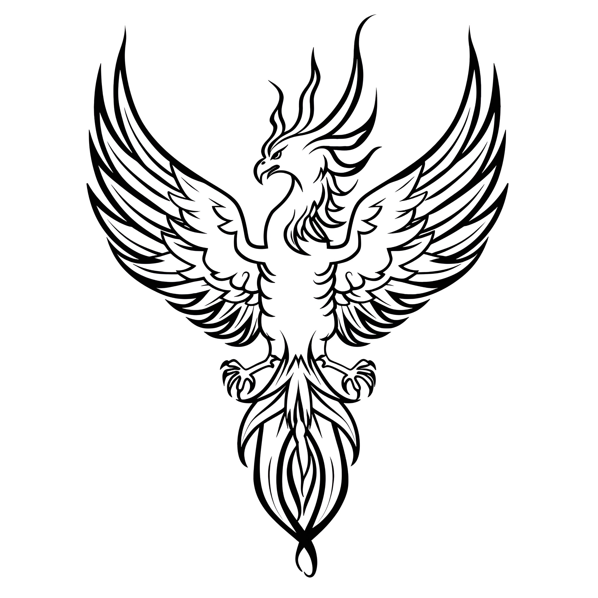 Tattoo Sketch of a Majestic Phoenix Drawing Idea (free black-and-white line drawing printable PDF for all, from beginners to advanced learners, including children, teens, adults, and seniors)