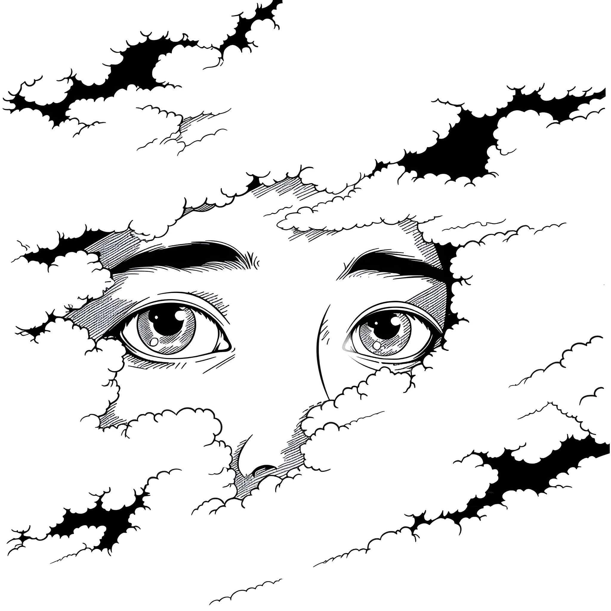 Eyes peering through cracked surface Drawing Idea (free black-and-white line drawing printable PDF for all, from beginners to advanced learners, including children, teens, adults, and seniors)